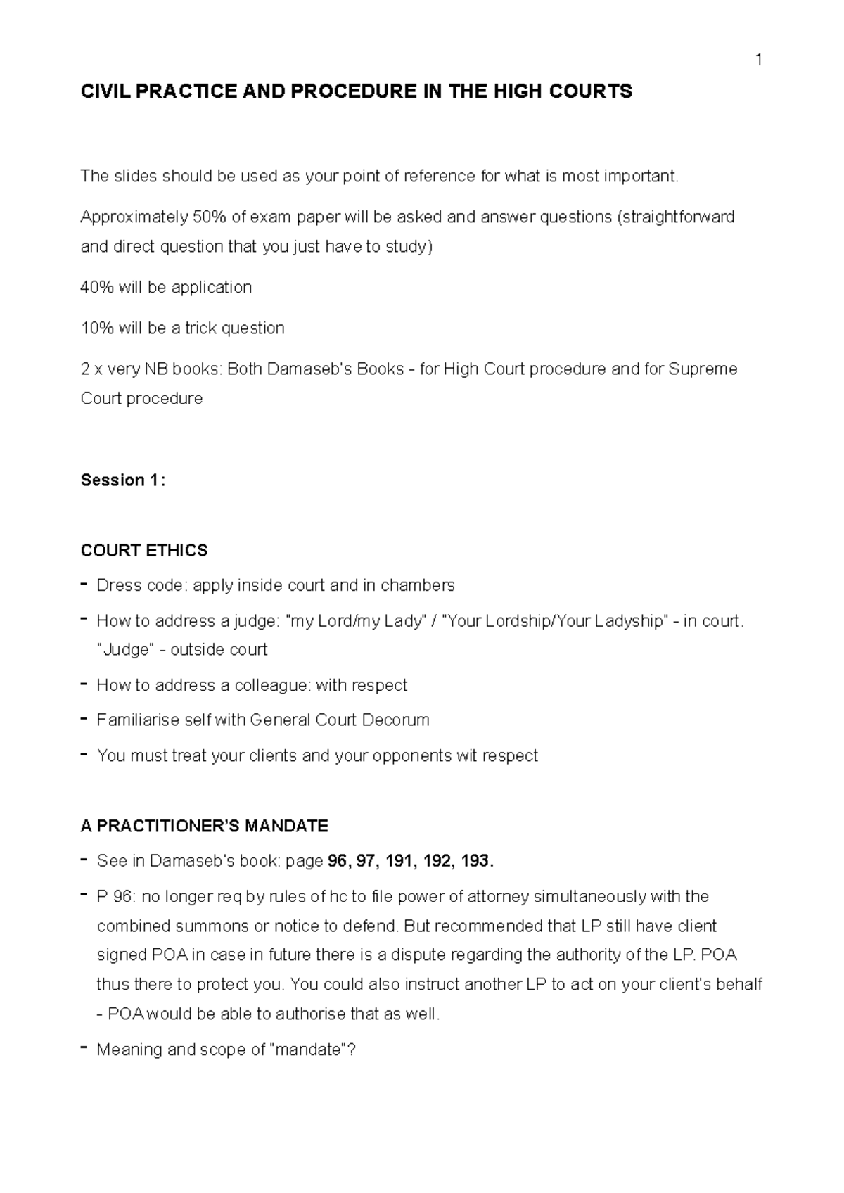 CIVIL PROCEDURE NOTES FOR HIGH COURTS: ESSENTIAL CLASS REVIEW - Studocu