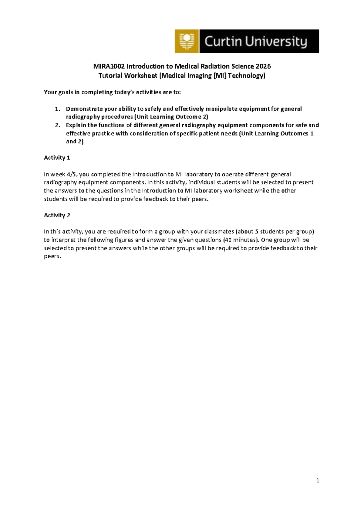 MIRA1002 2026 Tutorial Worksheet: General Radiography Equipment - Studocu
