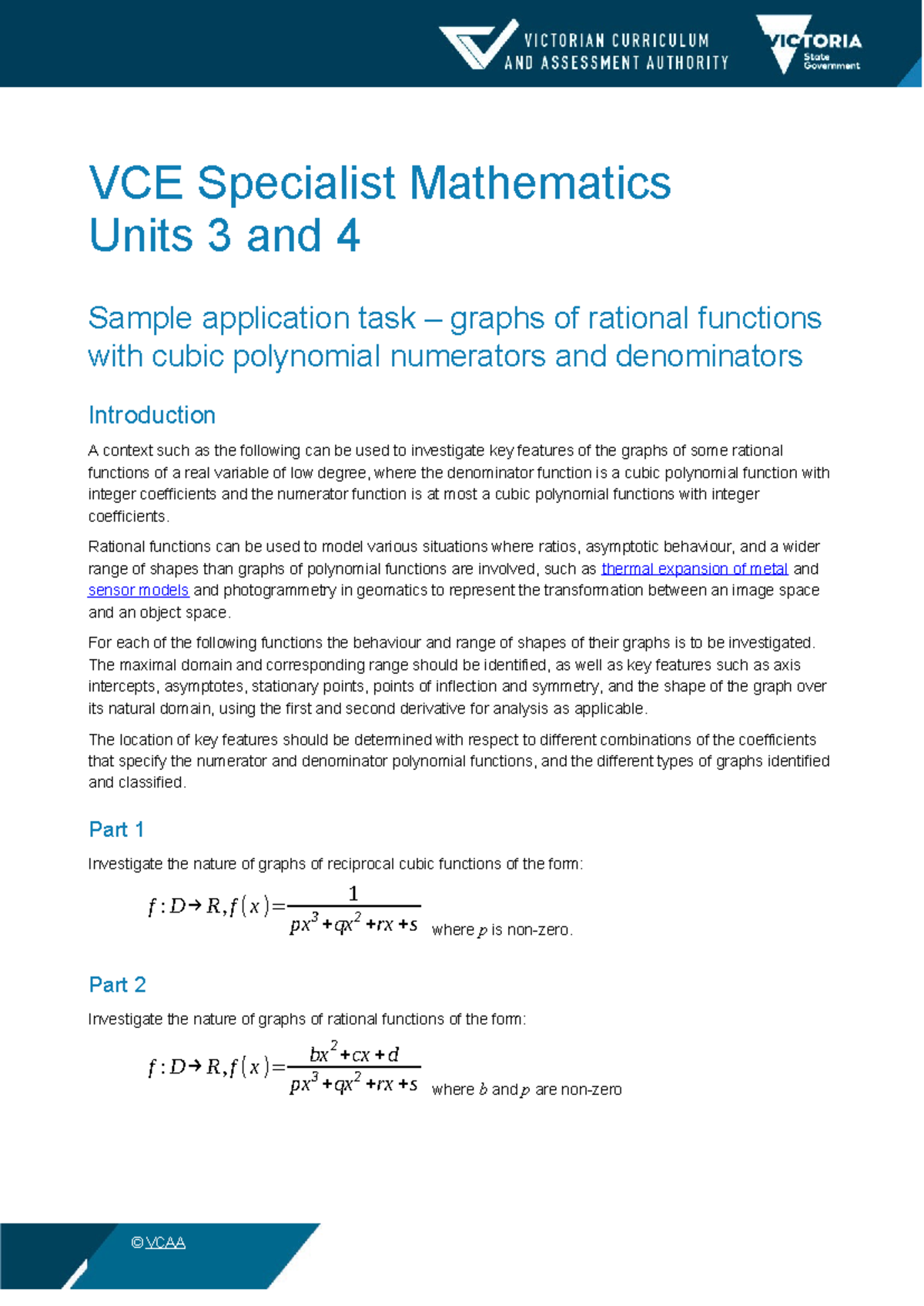 2023 VCE Specialist Mathematics U3&4 Application Task: Graphs of ...