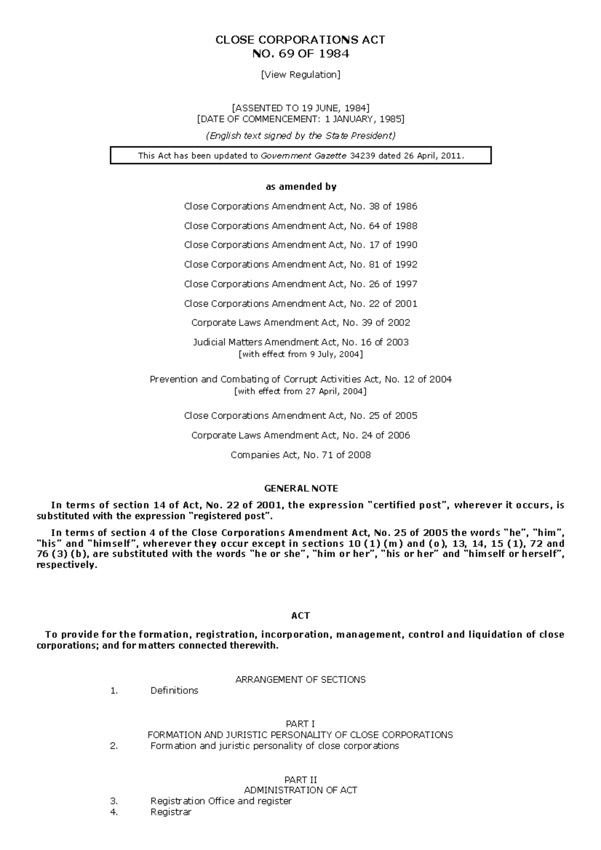Close Corporations Act No - CML3001W - UKZN - Studocu