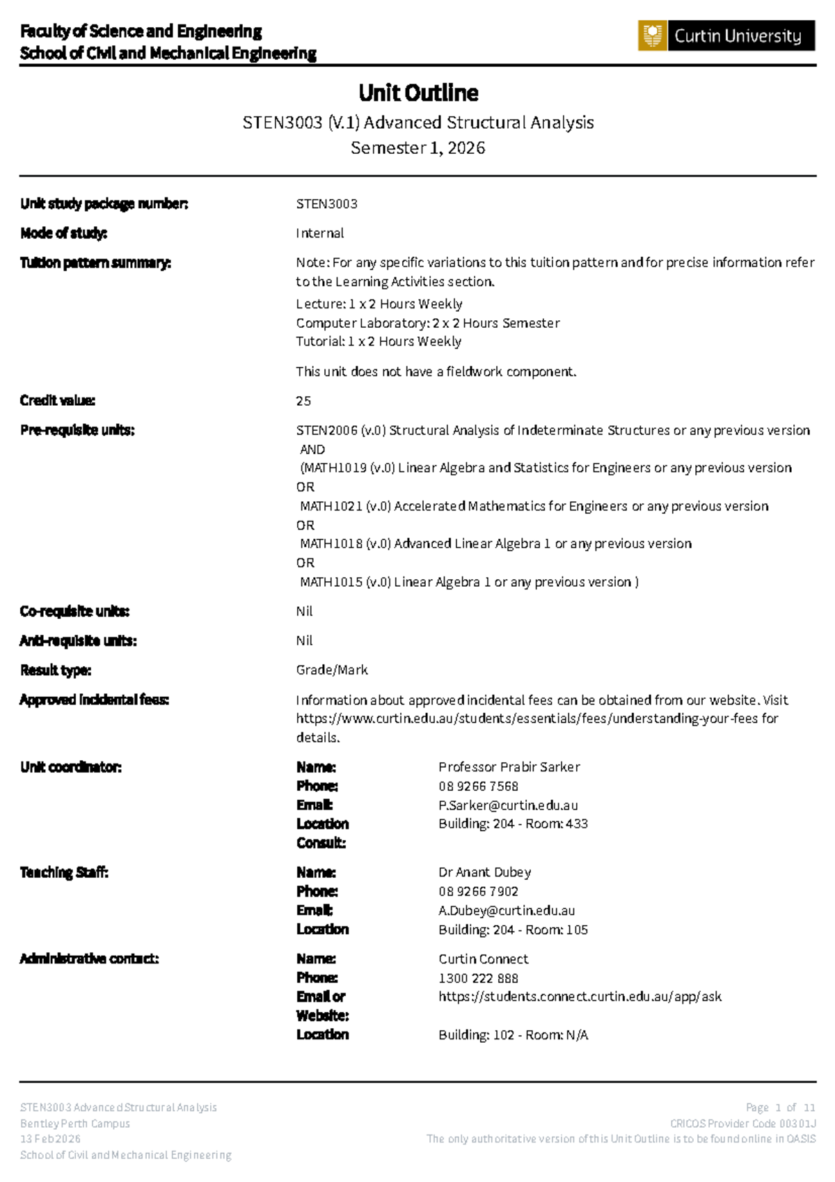 STEN3003 Advanced Structural Analysis Unit Outline Semester 1, 2026 ...