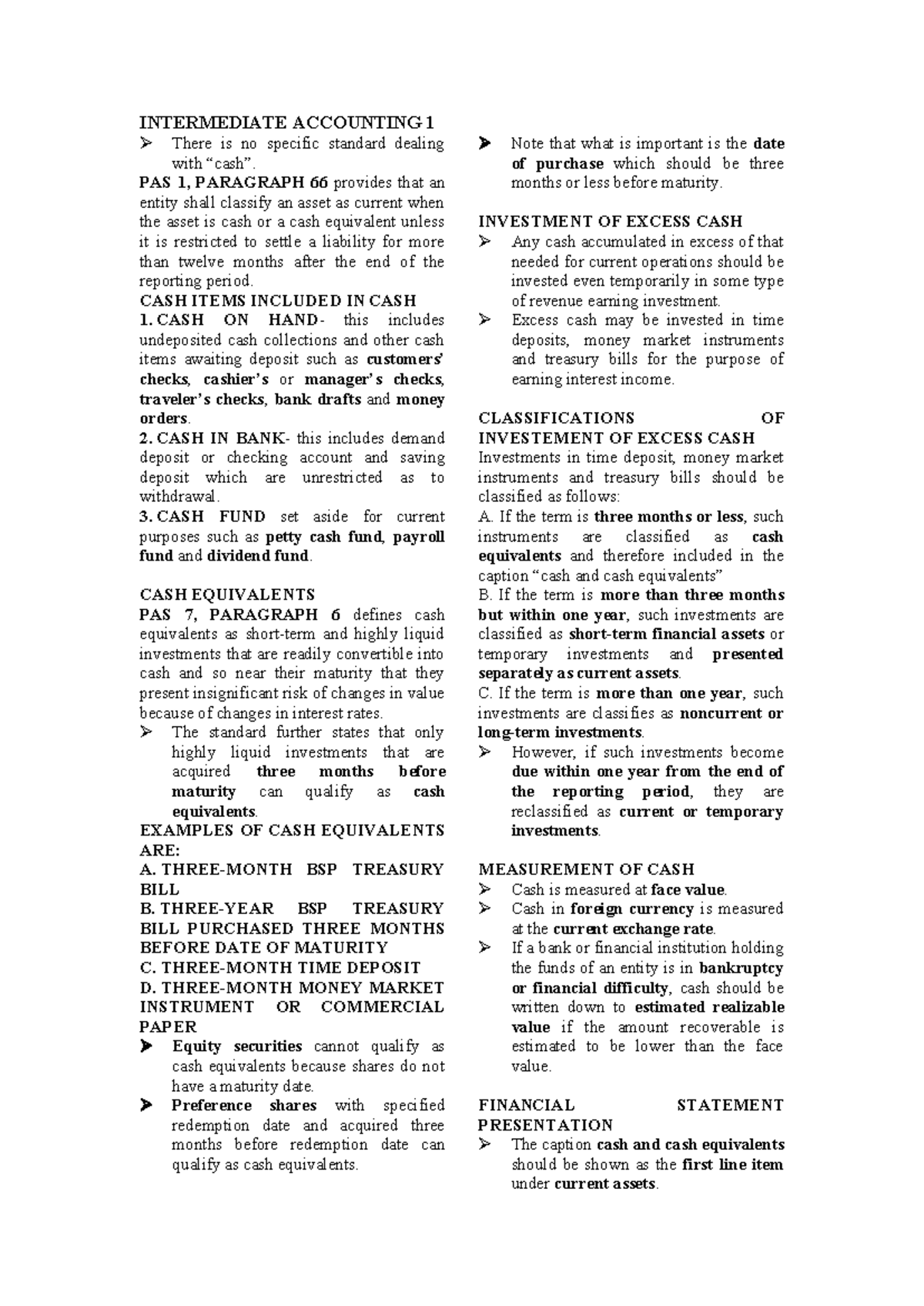 Notes on Cash and Cash Equivalents - INTACC 1 - Studocu