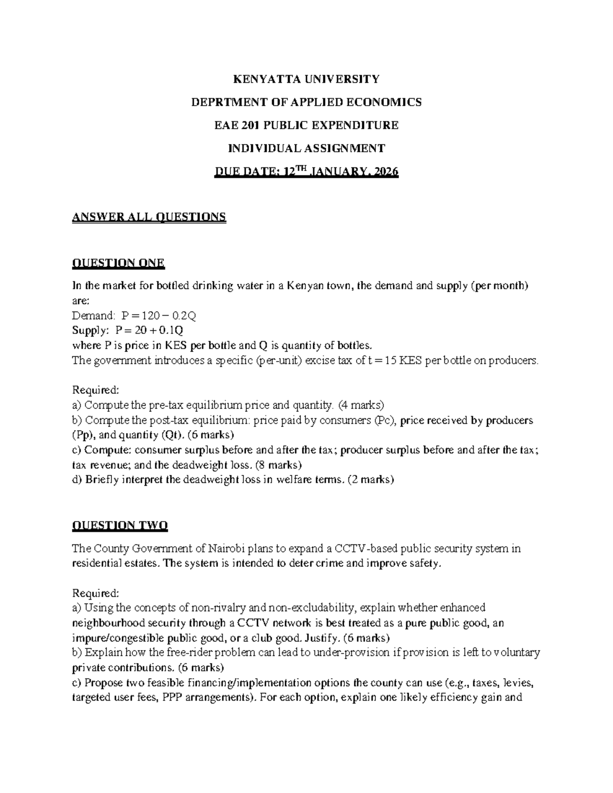 EAE 201 Assignment 1: Analysis of Public Expenditure and Tax Effects ...