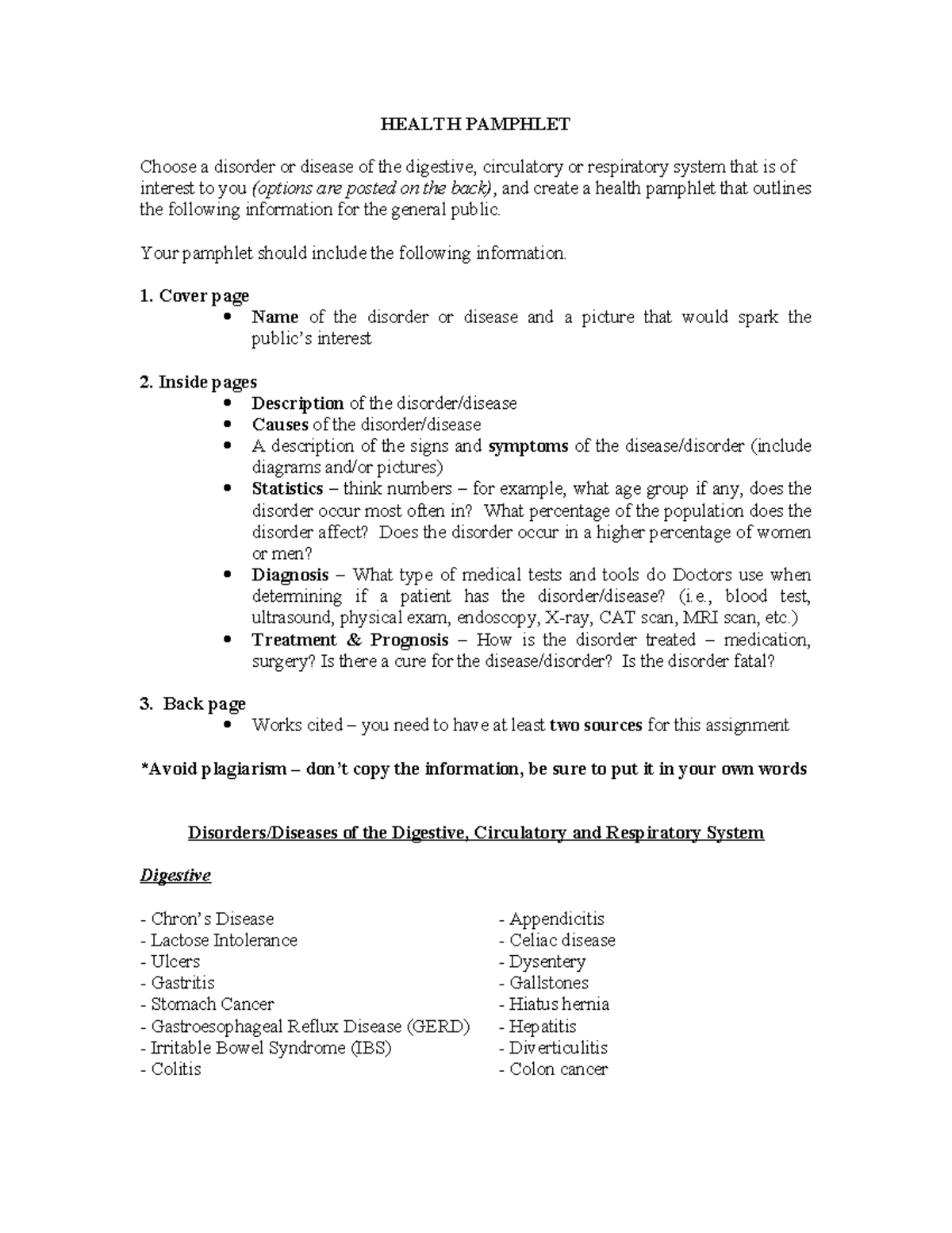 HEALTH PAMPHLET: Digestive, Circulatory & Respiratory Disorders ...