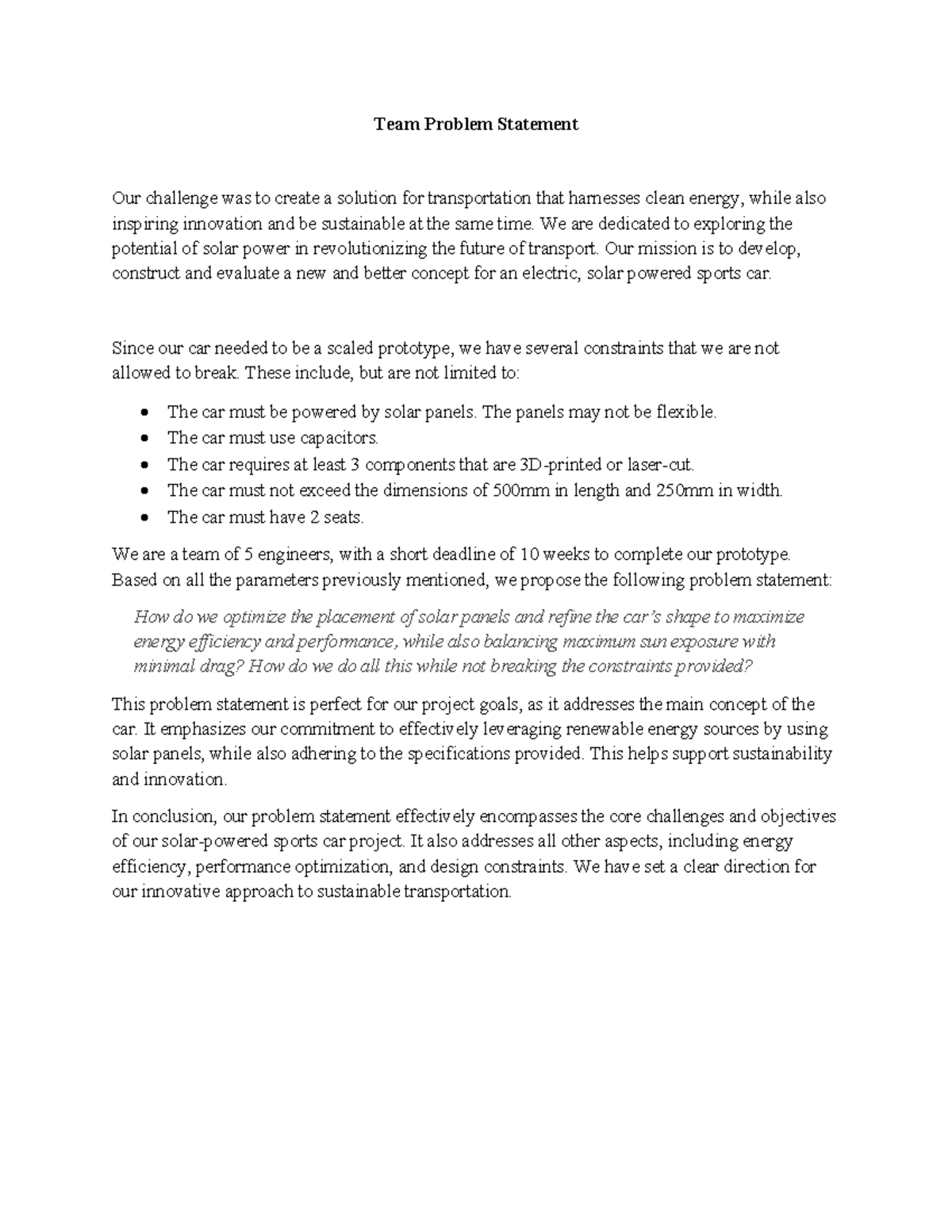 Project Plan group problem statement - Team Problem Statement Our ...