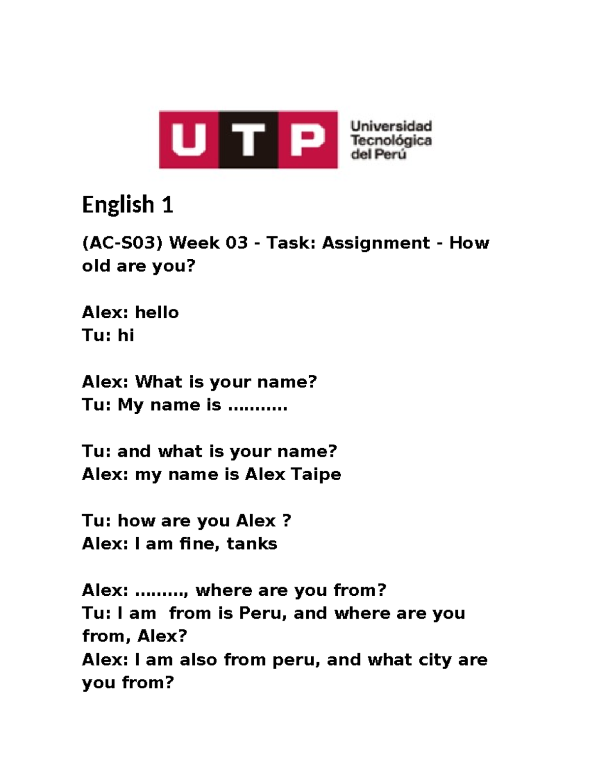 English 1 - Week 03 Assignment: Conversation Practice - Studocu