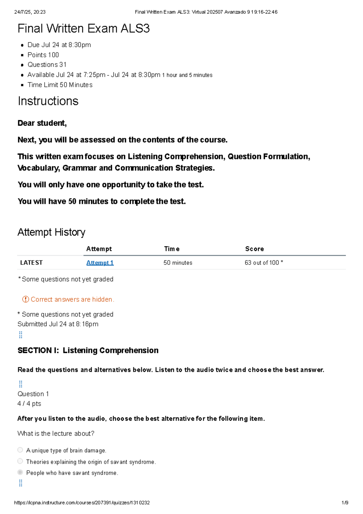 Final Written Exam ALS3: Virtual 202507 Avanzado 9 Overview and Instructions - Document Preview