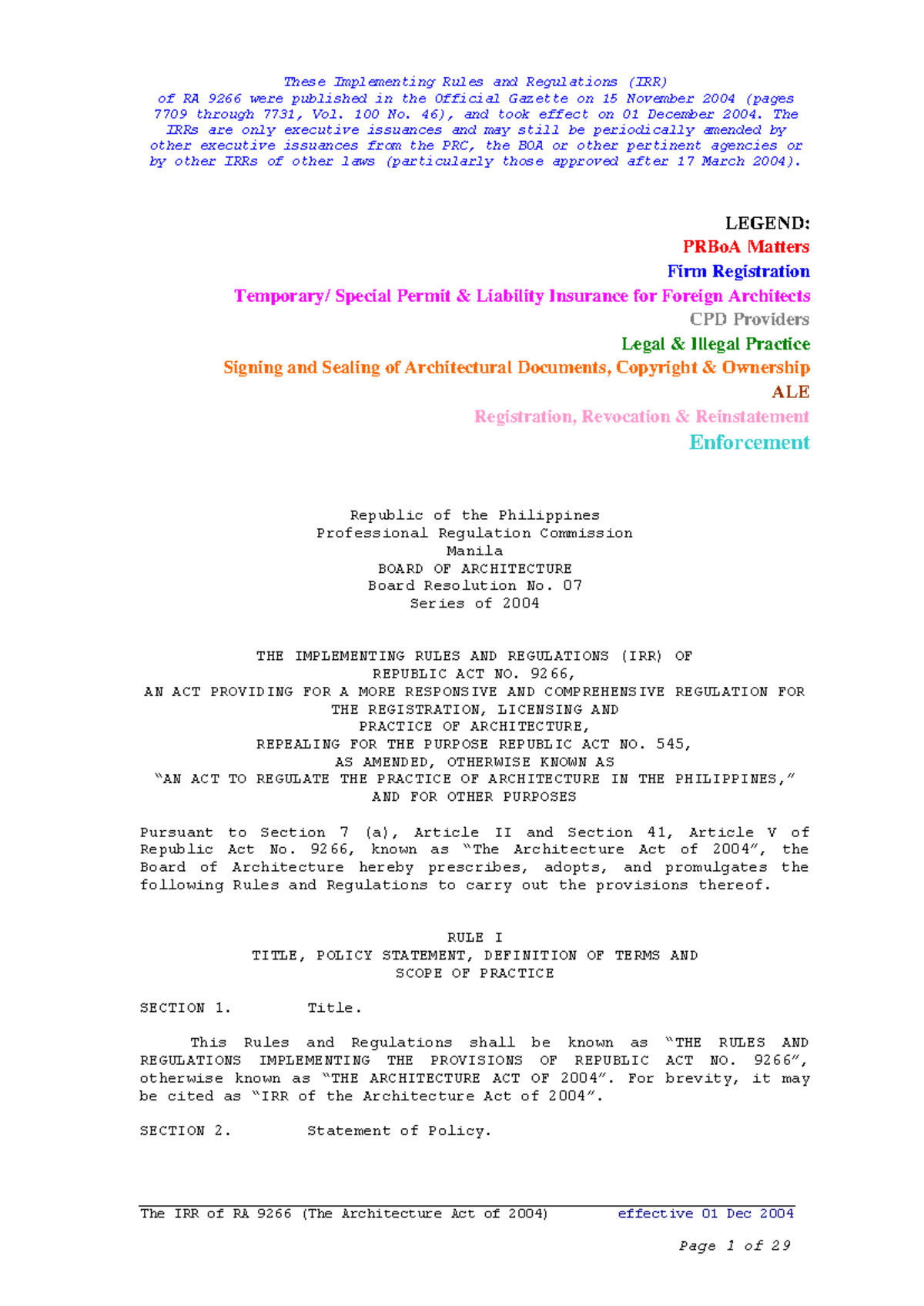 IRR of RA 9266 - Implementing Rules for the Architecture Act of 2004 ...