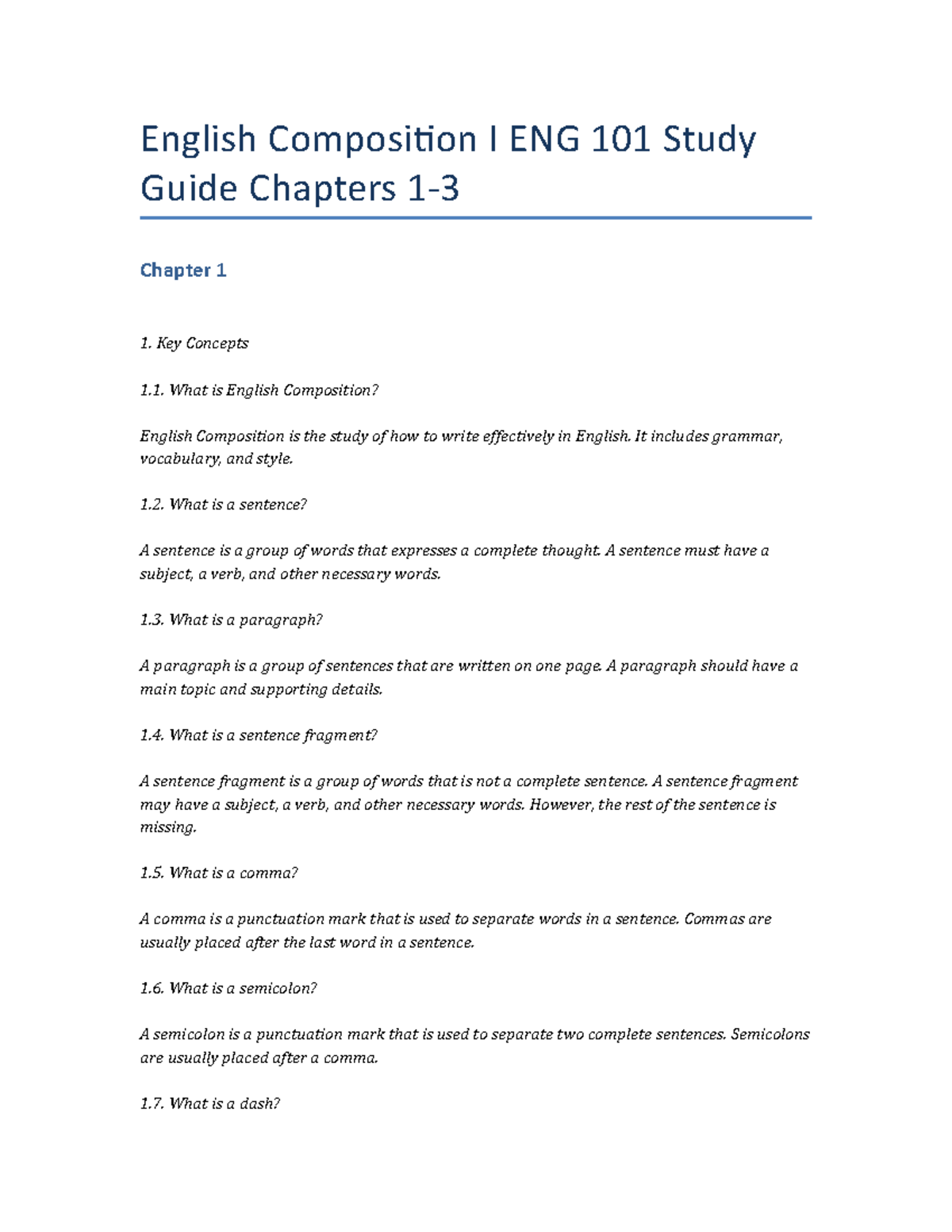 English Composition I ENG 101 Study Guide: Key Concepts from