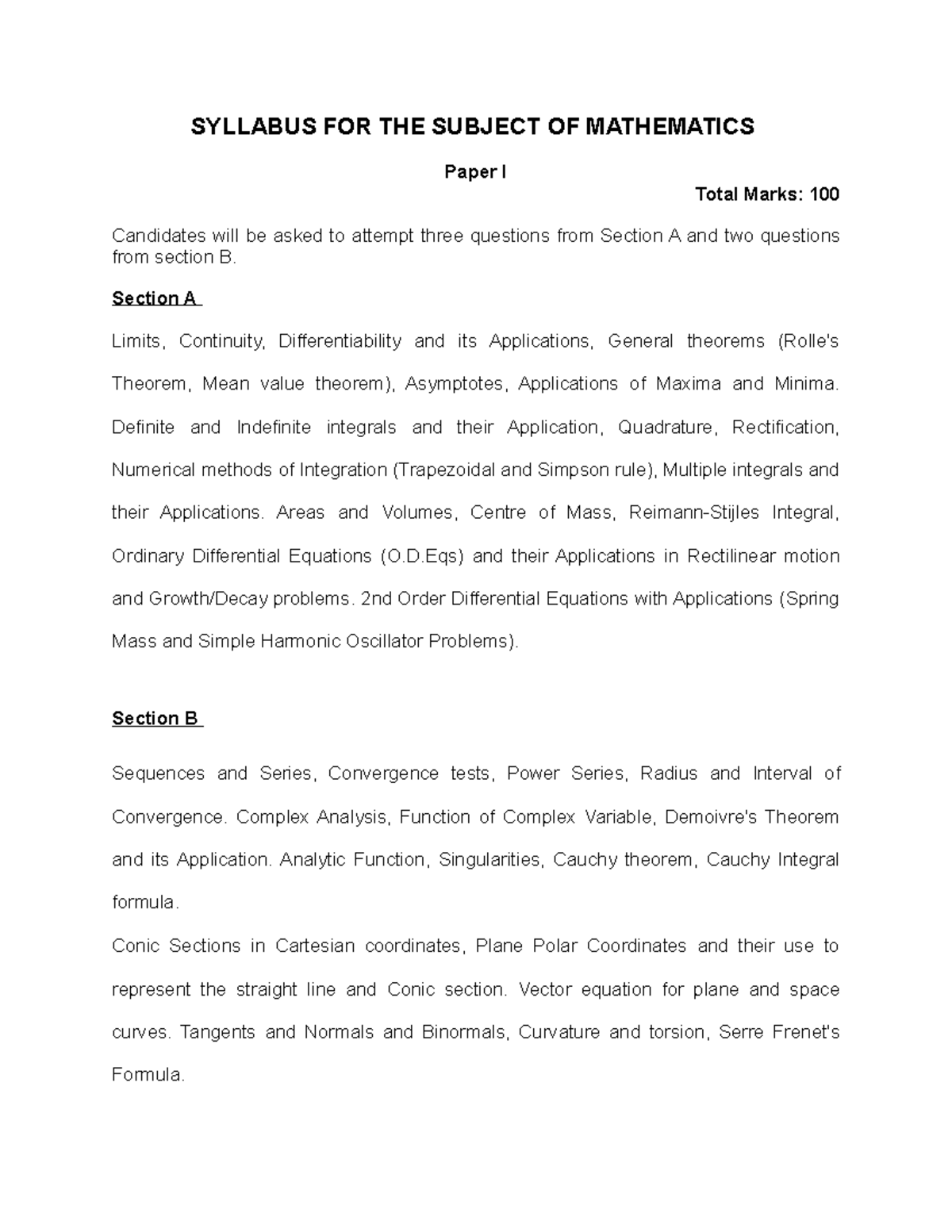 Mathematics - Math - SYLLABUS FOR THE SUBJECT OF MATHEMATICS Paper I ...