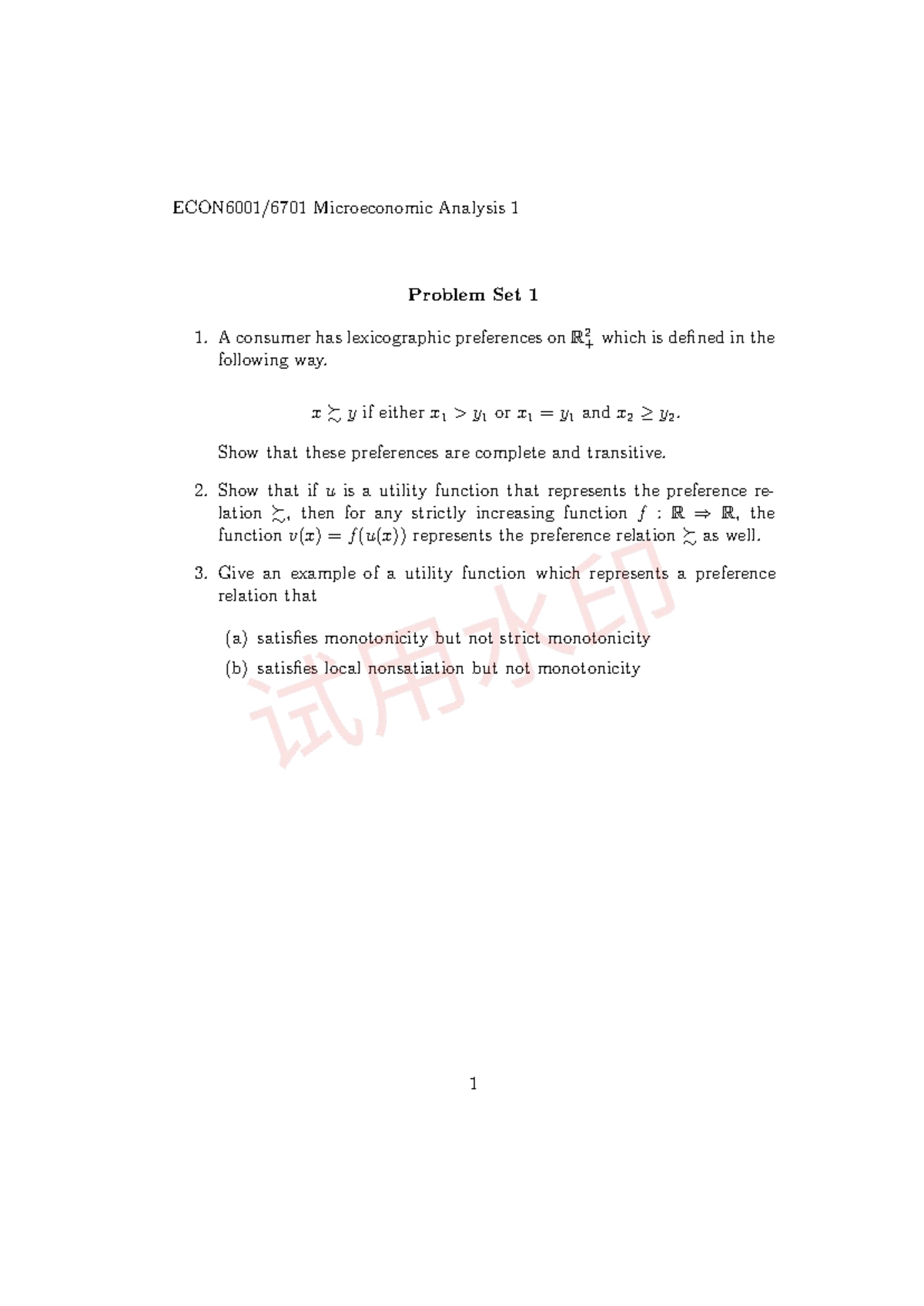 Microeconomic Analysis 1: Problem Set 1 Solutions - Studocu