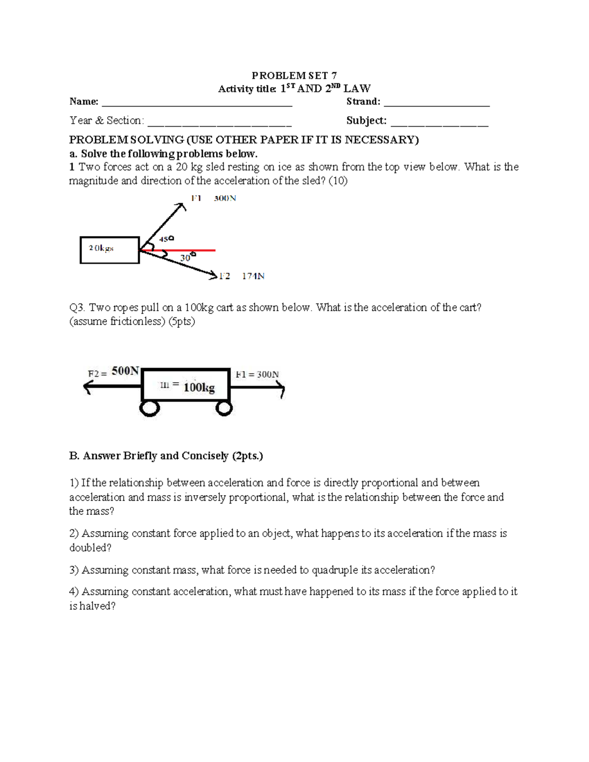 Problem Set 7: 1st & 2nd Law of Motion Analysis - Studocu