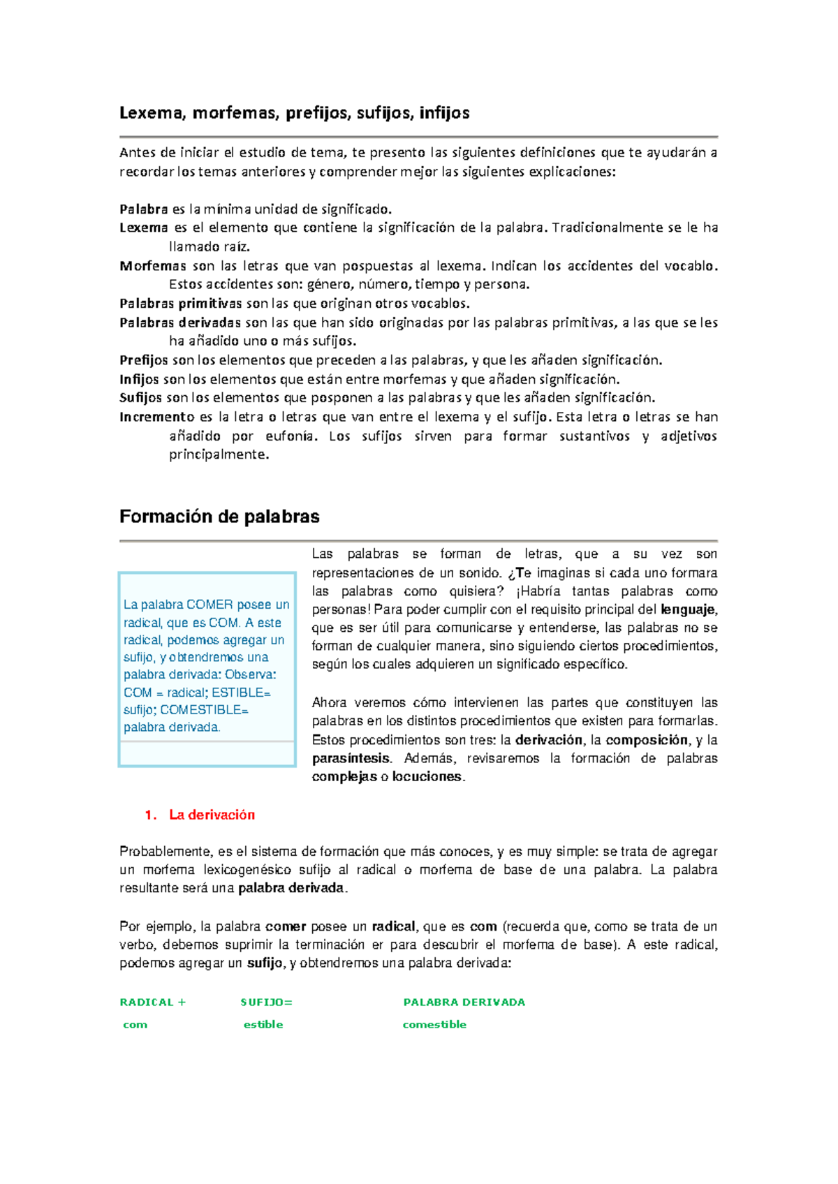 Formación de Palabras: Prefijos, Sufijos e Infijos en la Morfología - Document Preview