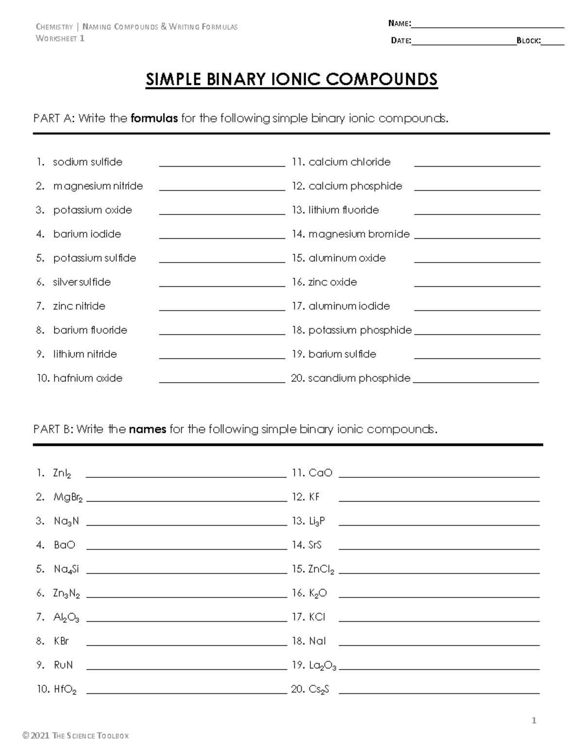CHEM 101 Simple Binary Ionic Compounds Worksheet: Formulas & Names ...