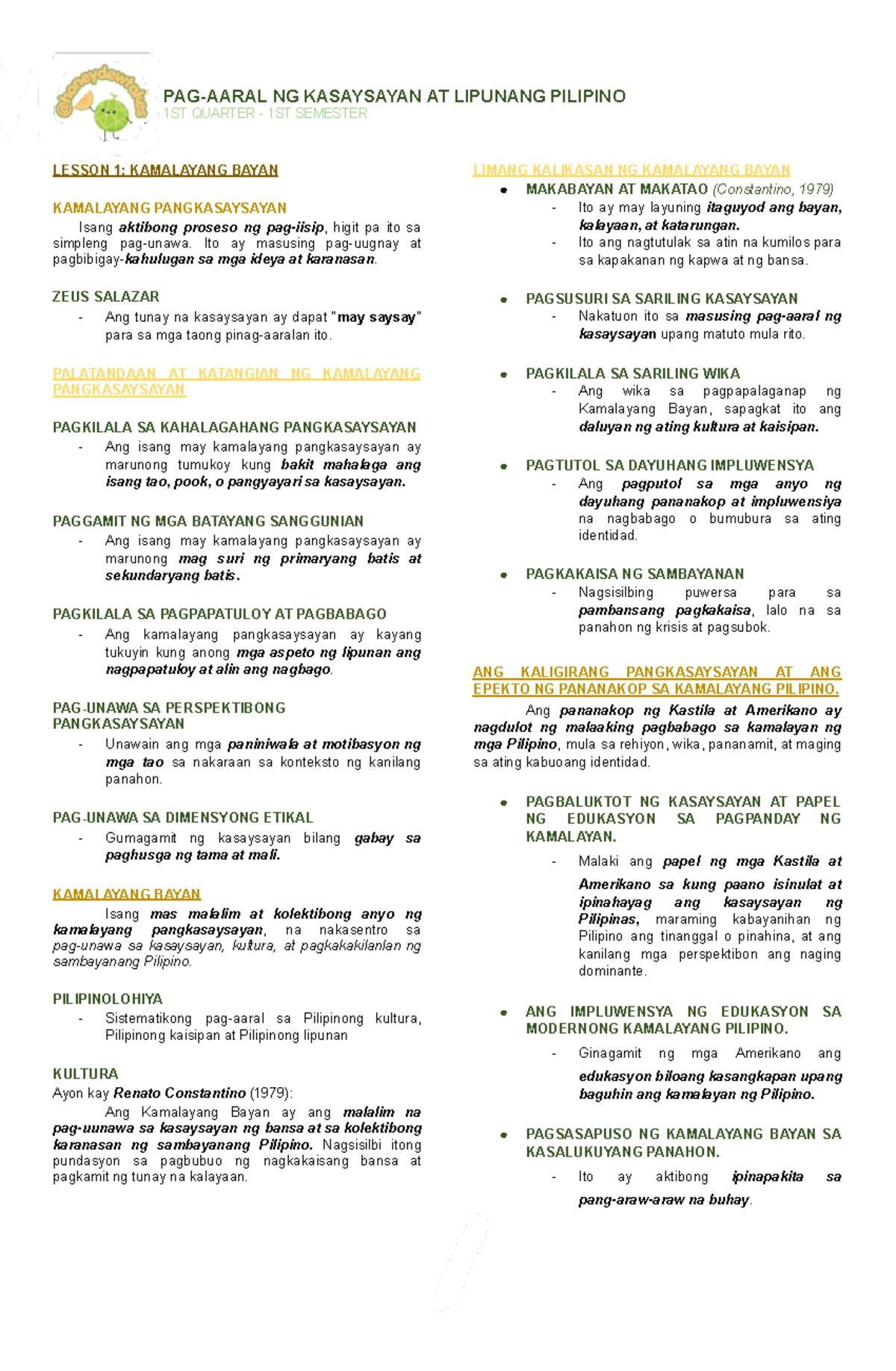Kasaysayan at Lipunang Pilipino 1st Quarter 1st Semester Lesson 1: Kamalayang - Document Preview