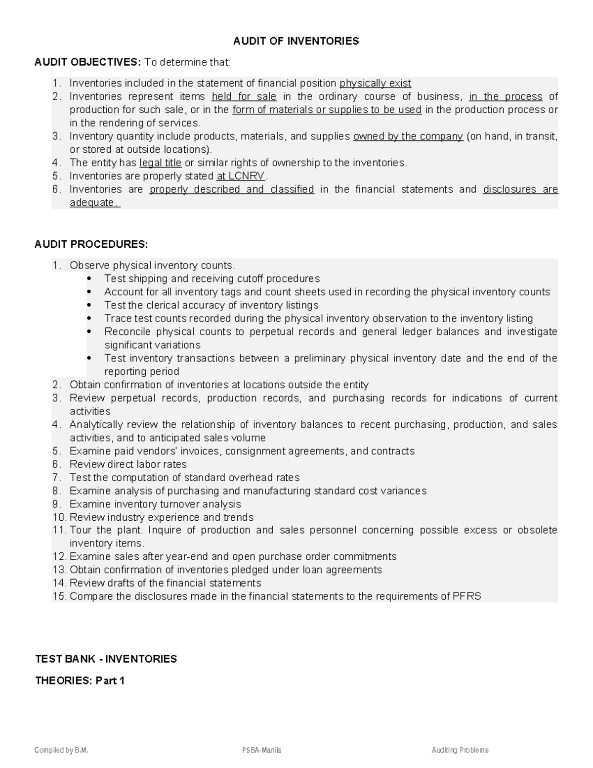 AUDIT 101: Inventory Audit Objectives & Procedures Test Bank - Studocu
