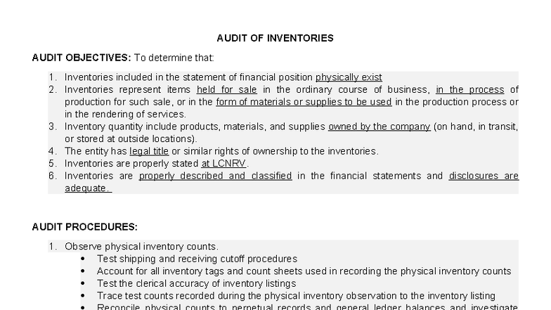 AUDIT 101: Inventory Audit Objectives & Procedures Test Bank - Document Preview