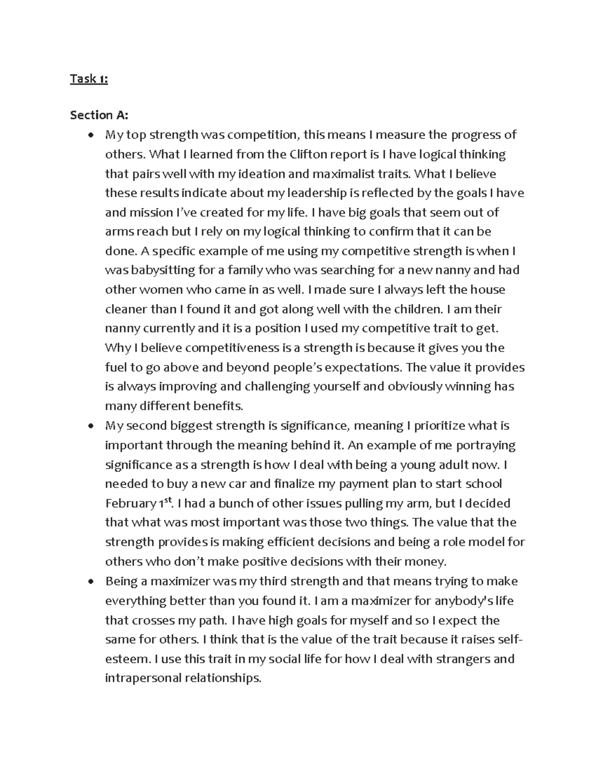 Task 1 - Notes - Task 1: Section A: - My top strength was competition ...