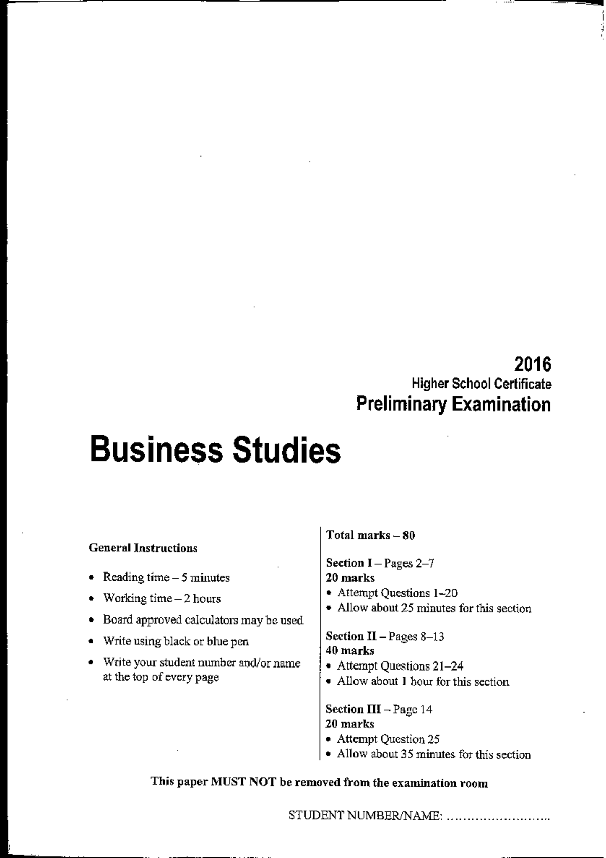 2016 HSC Preliminary Exam Business Studies - Total Marks 80 - Studocu