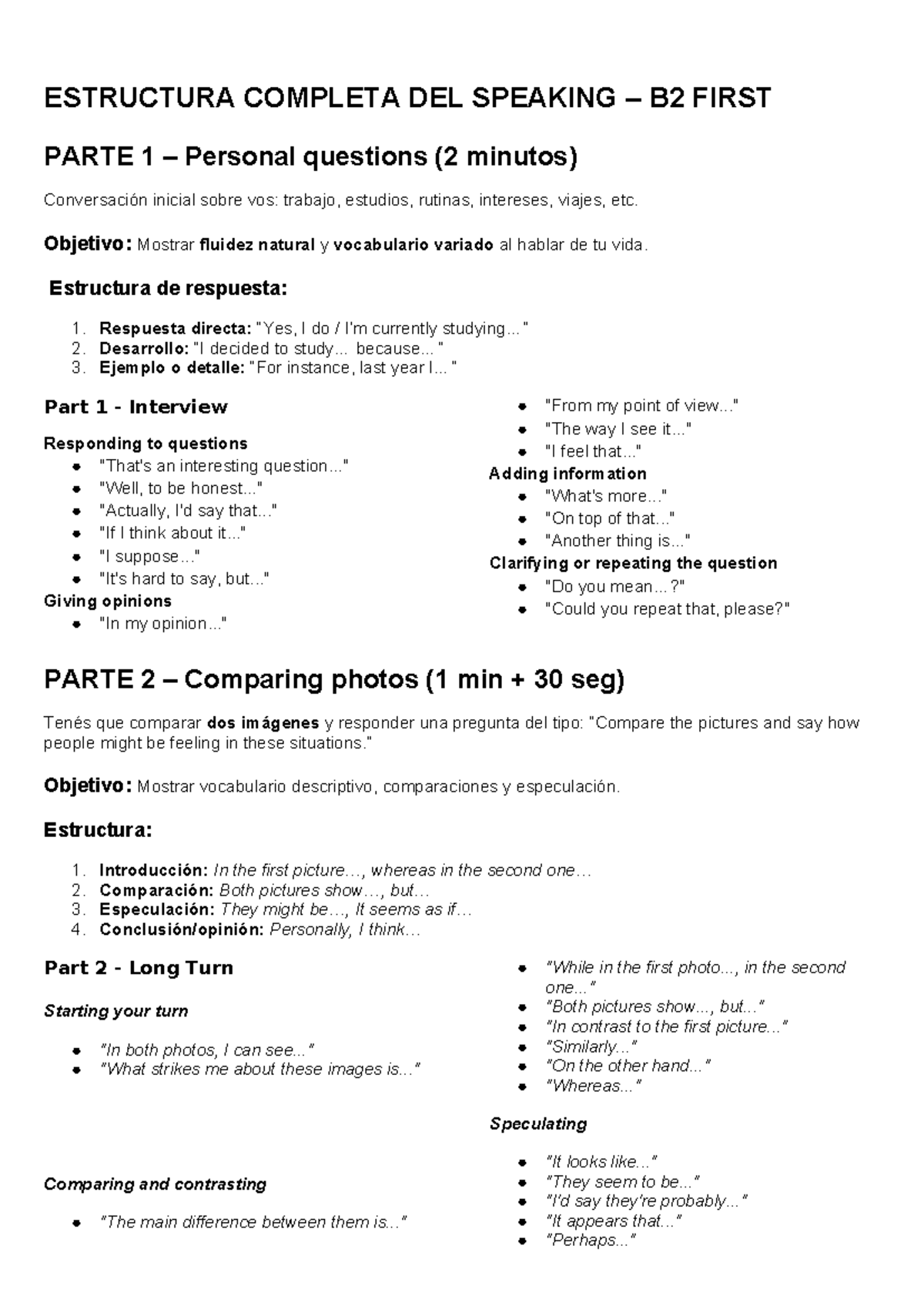 Estructura Completa del Speaking B2: Parte 1, 2 y 3 - Studocu