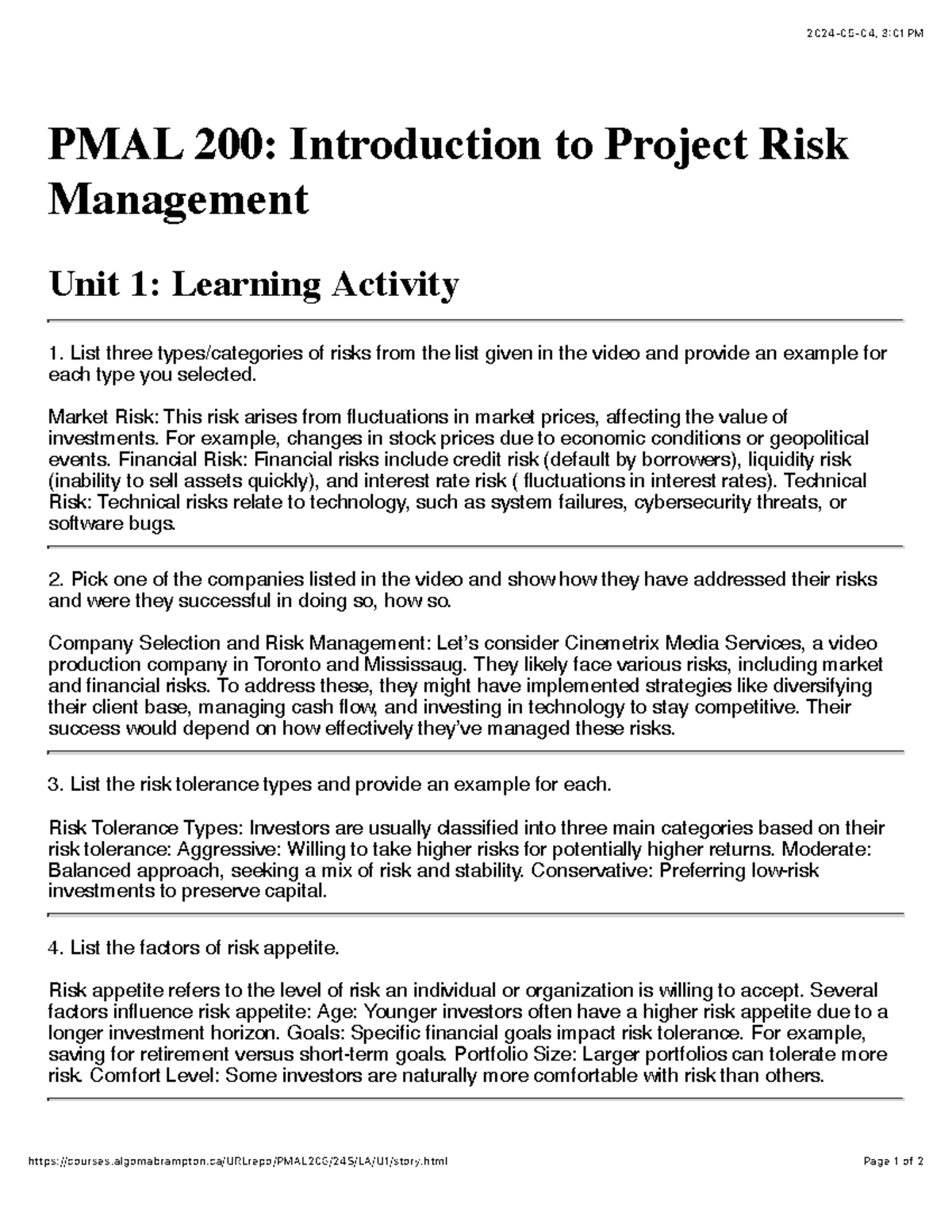 PMAL200 - Week 1: Introduction to Project Risk Management Insights ...