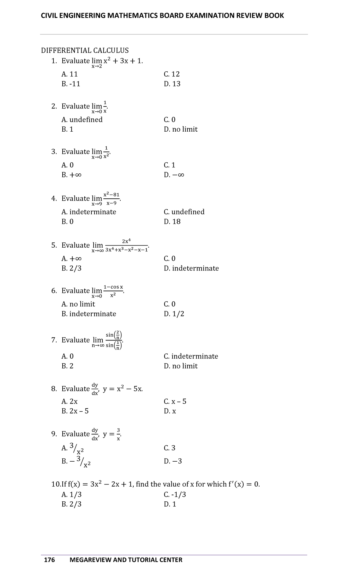 CIVIL ENGINEERING MATHEMATICS BOARD EXAM REVIEW: DIFFERENTIAL CALCULUS ...