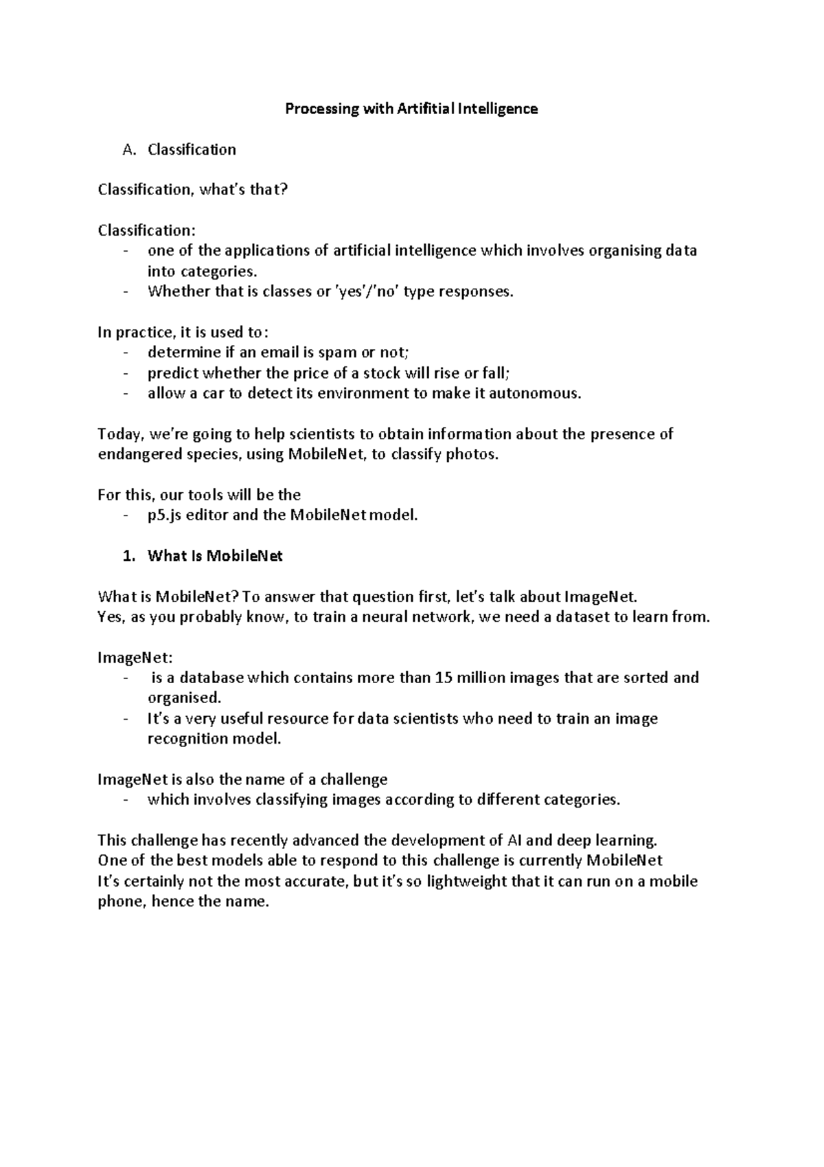 Classification, Chatbot, Runway - Processing with Artifitial ...