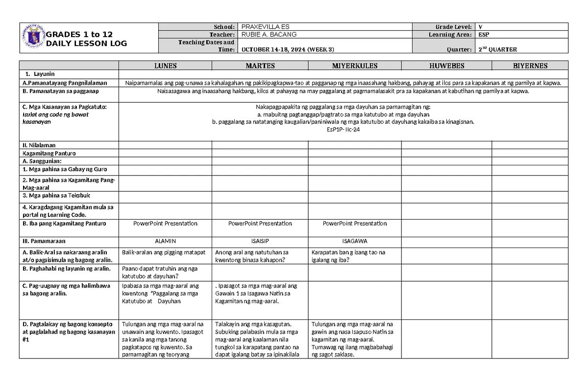 DLL Filipino 5 Q2 W3 - Daily Lesson Log for Grade V (Oct 14-18, 2024 ...