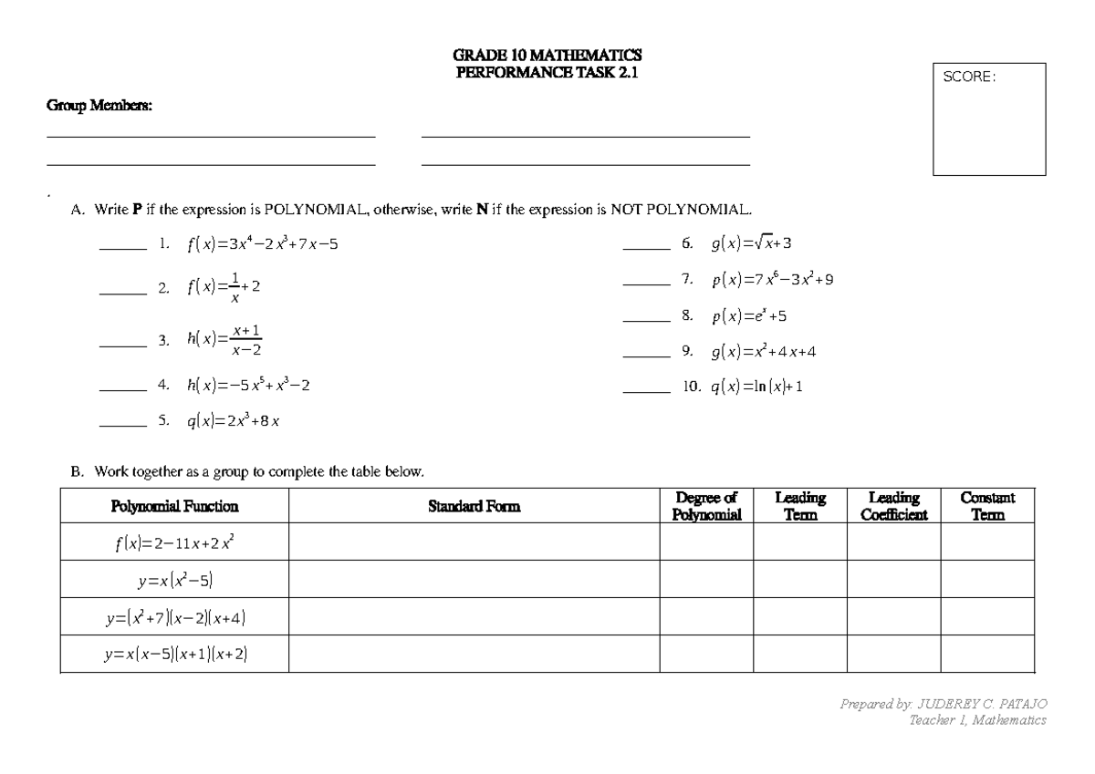 GRADE 10 MATHEMATICS PERFORMANCE TASK 2 - PRACTICE EXERCISE - Studocu