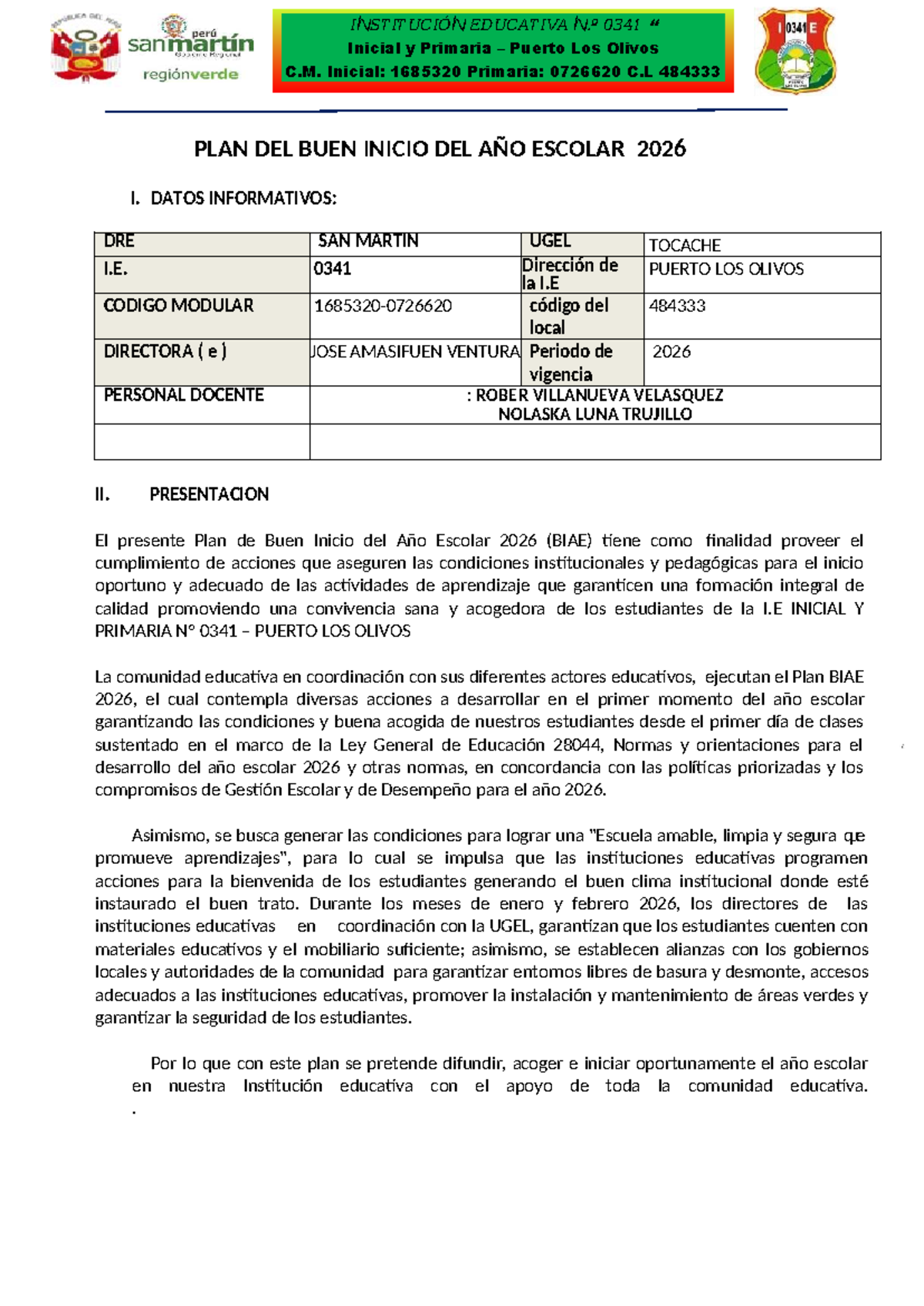 Plan de Buen Inicio del Año Escolar 2026 - I.E. N.º 0341 Puerto Los ...