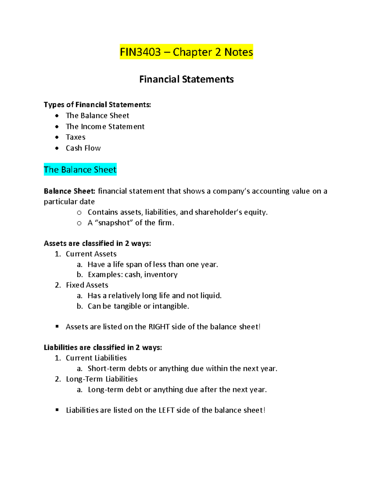 FIN3403 Chapter 2: Understanding Financial Statements & Cash Flow - Studocu