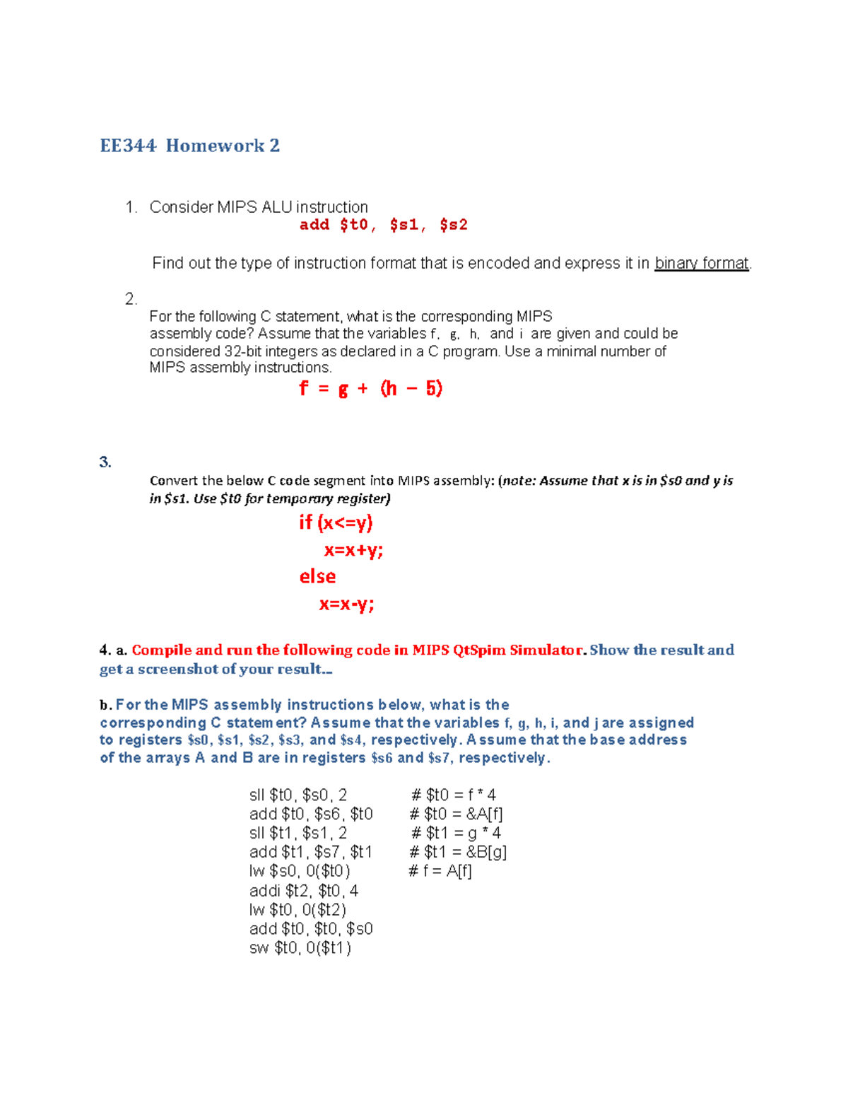 EE344 Homework 2: MIPS ALU Instructions & Assembly Code Conversion ...