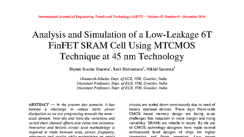 Analysis and Simulation of 6T FinFET SRAM Cell Using MTCMOS at 45nm ...
