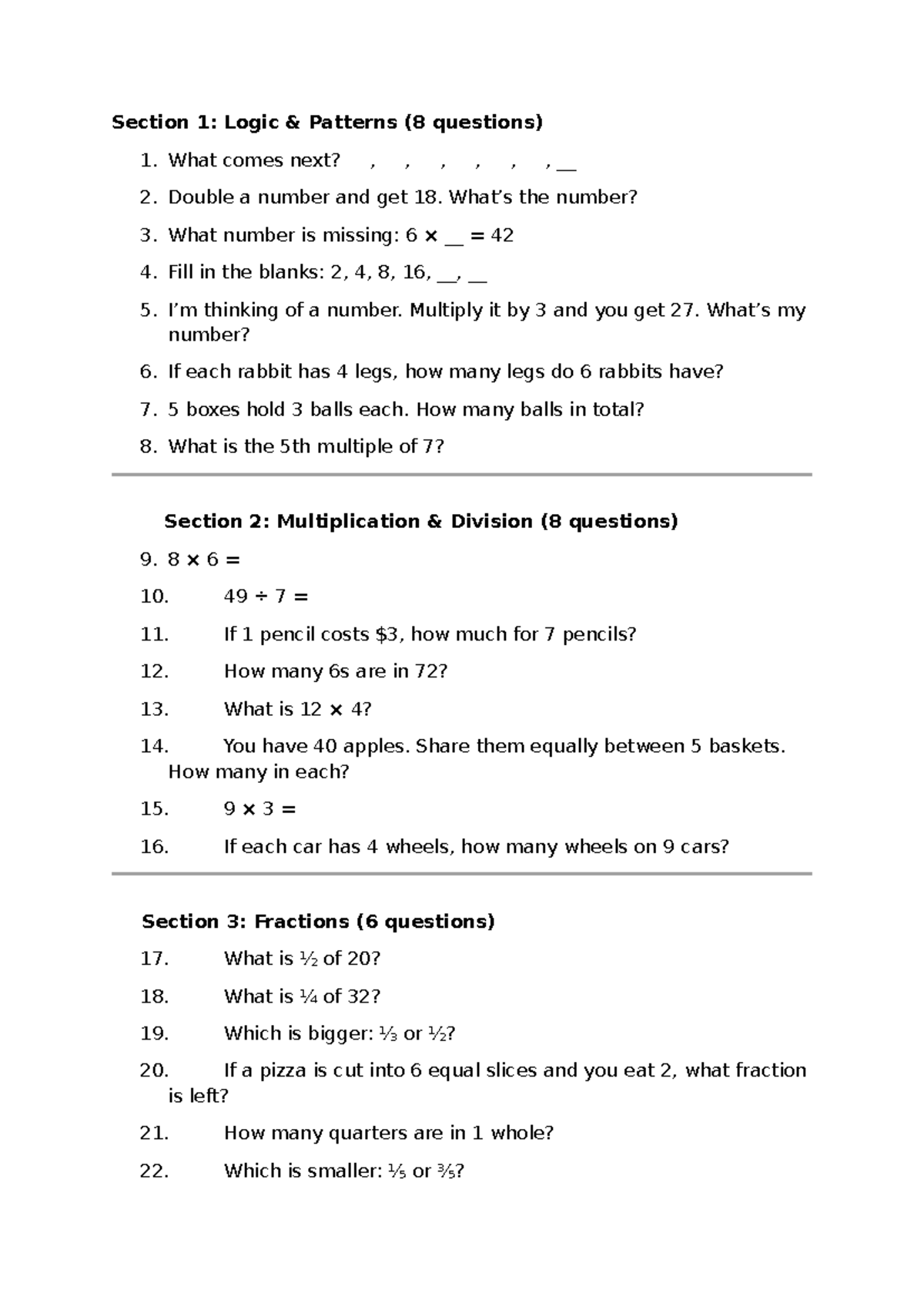 Logic Patterns & Math Questions: Section 1 (8 Questions) - Studocu
