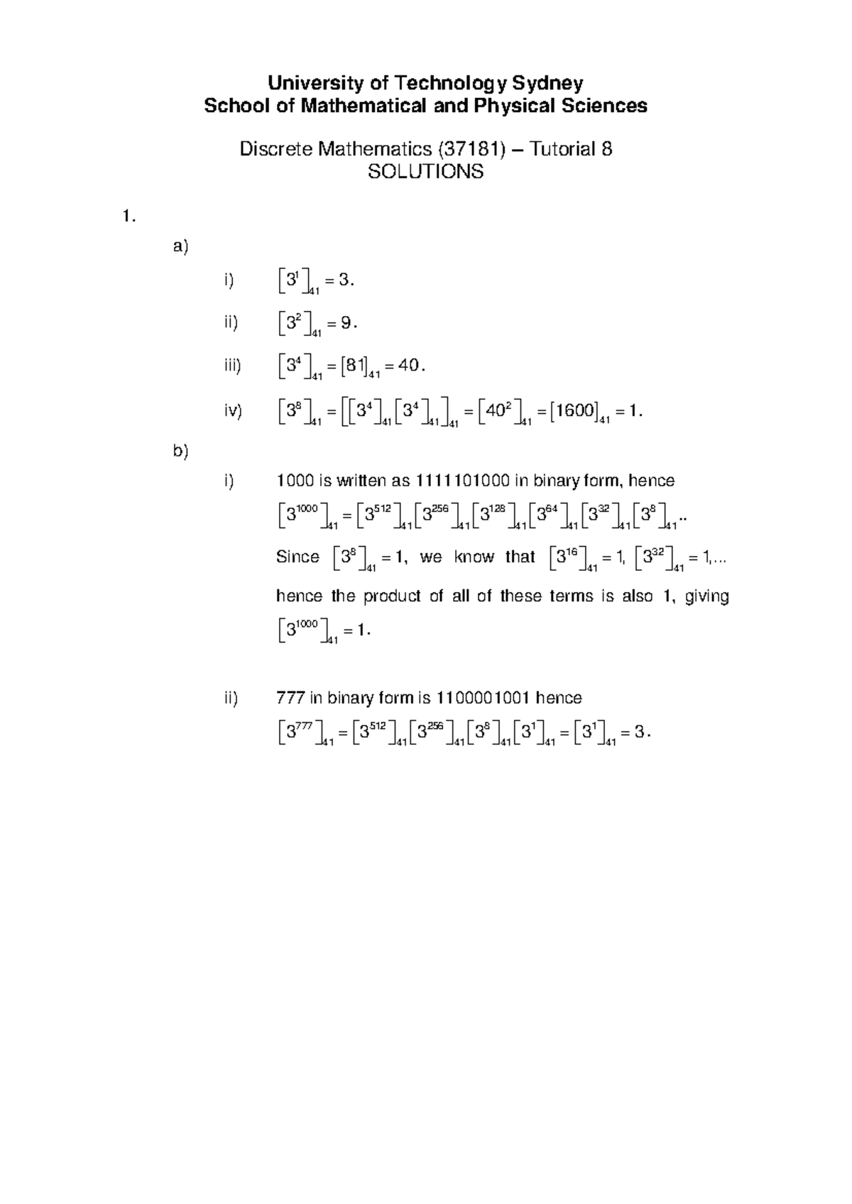 37181 Discrete Mathematics Tutorial 8 Solutions - UTS Science - Studocu