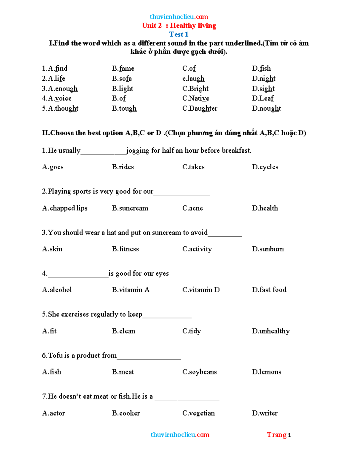 Unit 2: Healthy Living Test 1 - Vocabulary & Sentence Structure - Studocu