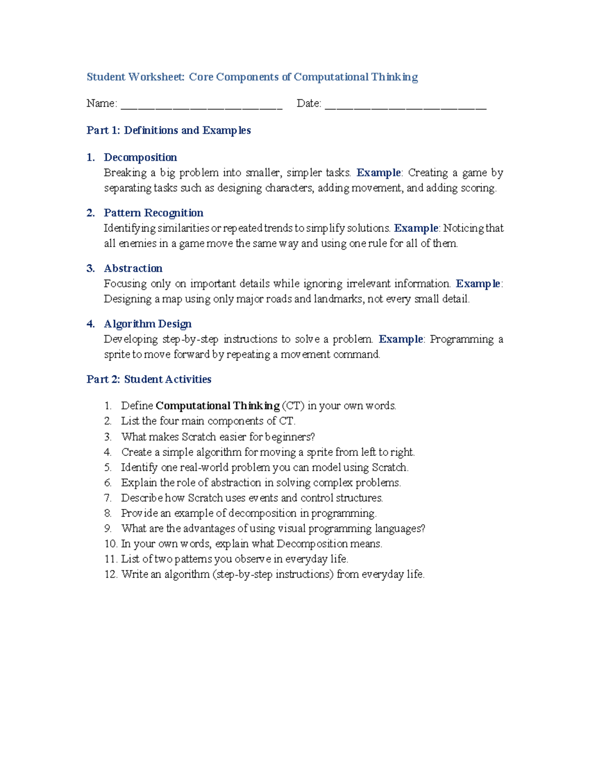 Computational Thinking (CT) Student Worksheet: Core Components - Studocu