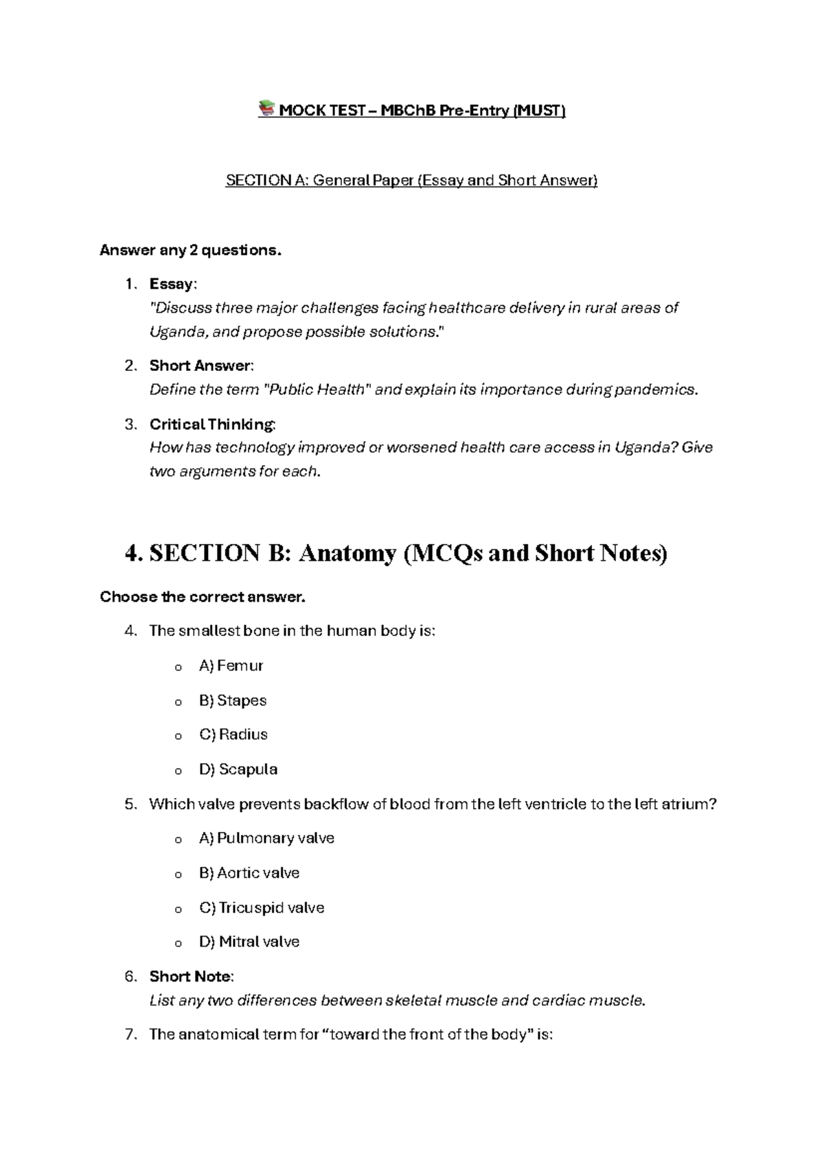 MOCK TEST MBChB (MUST) 2023: General Paper & Anatomy MCQs - Studocu