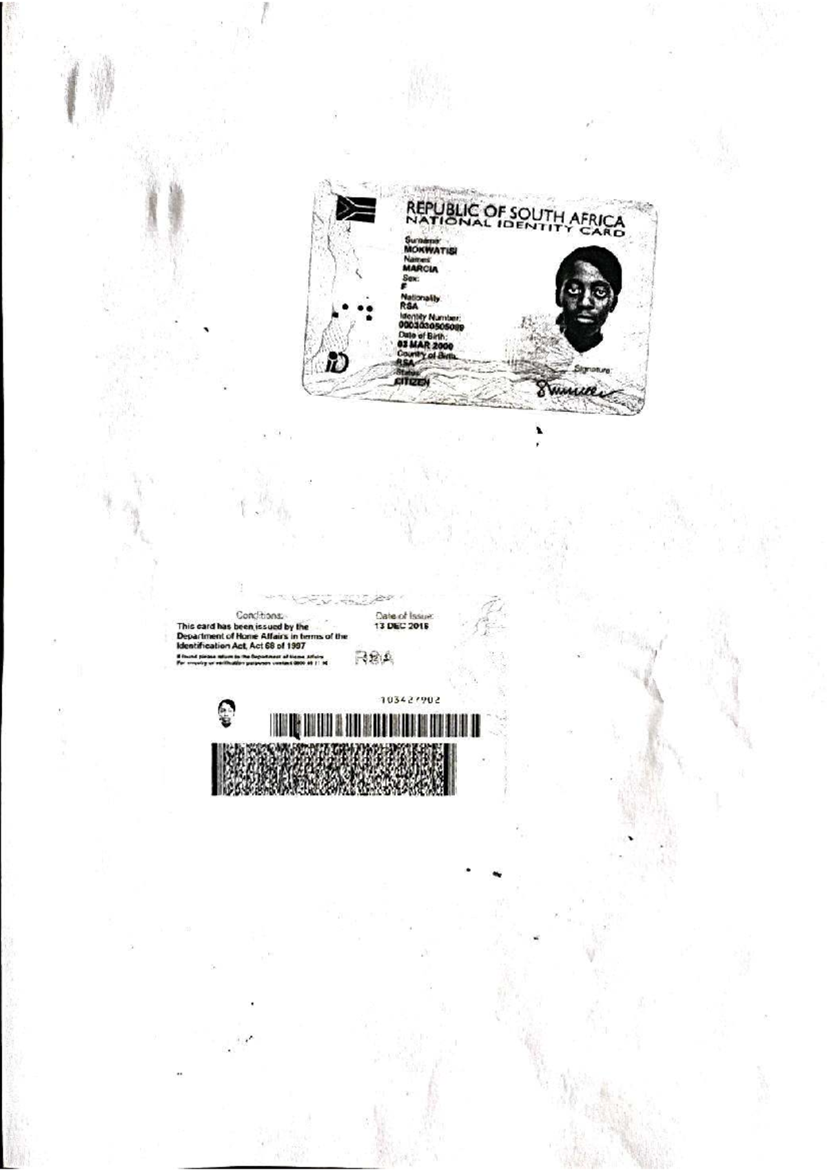 ID Document for Marcia Mokwatisi - RSA Identity Card Details - Studocu