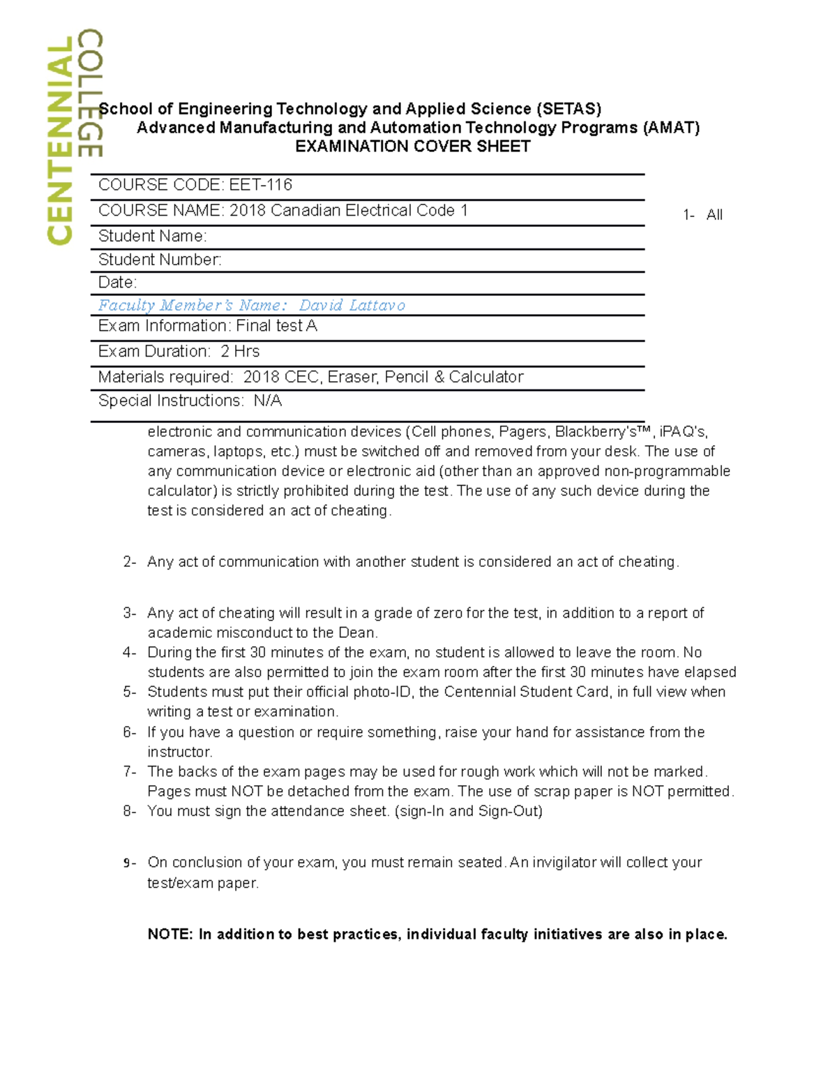 CEC EET Final Exam Test A Guidelines and Important Info - Studocu
