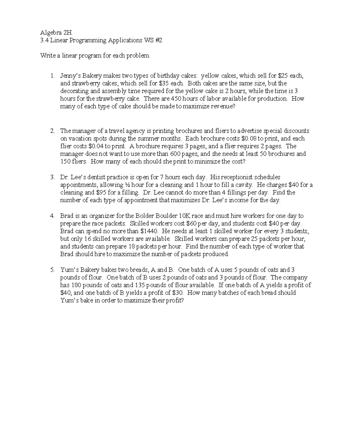 Alg 2H Linear Programming Applications Worksheet 2 - Studocu