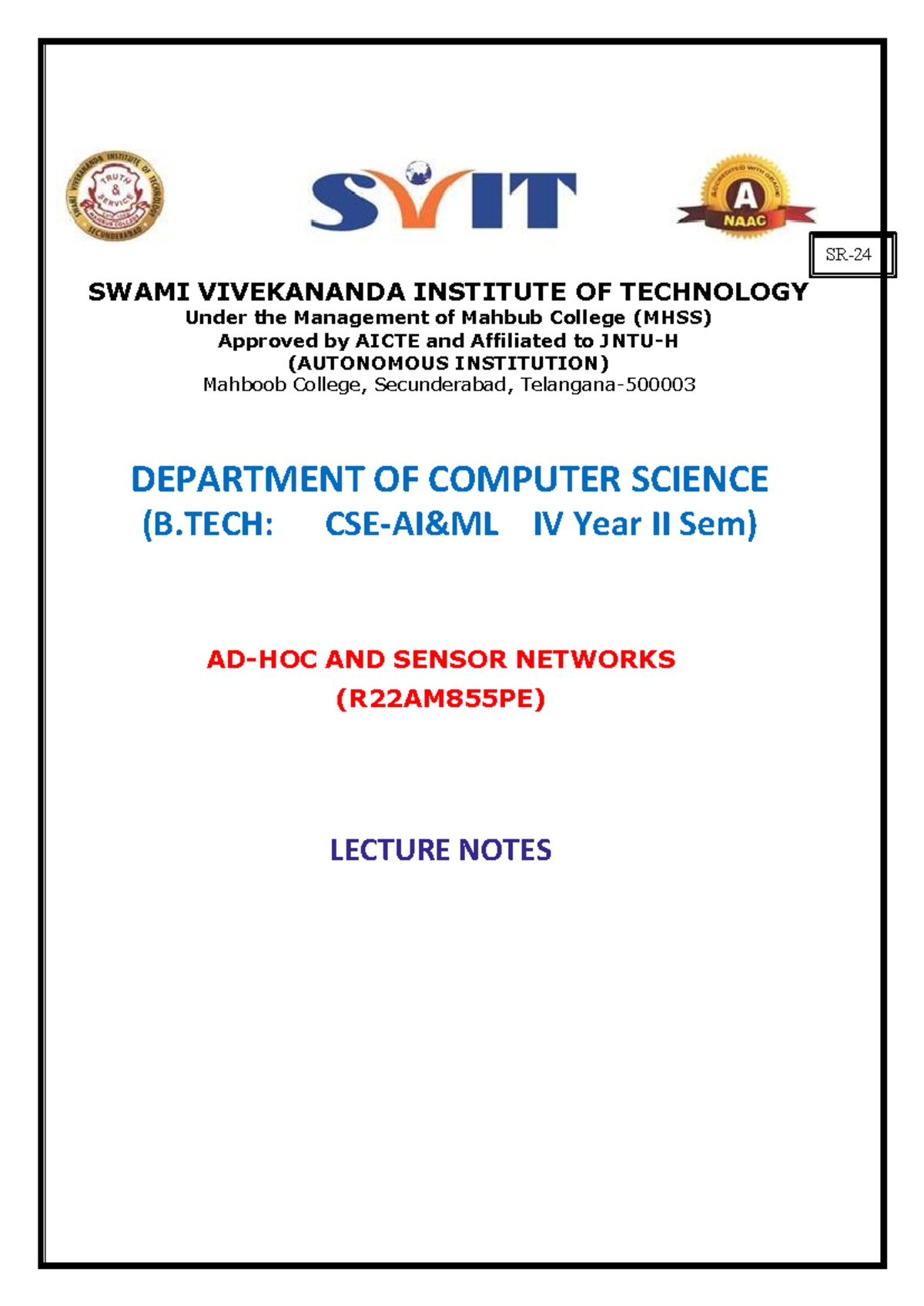 SVIT - Lecture Notes on Ad Hoc and Sensor Networks (R22AM855PE) - Studocu