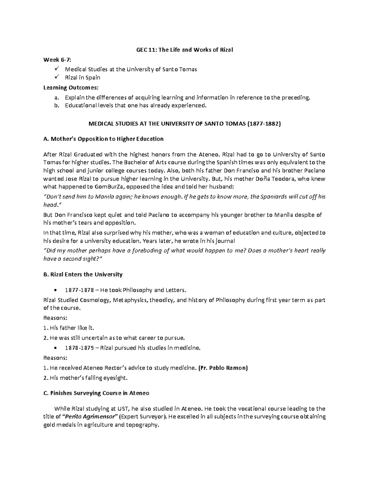 GEC 11: Medical Studies of Rizal at UST and His Educational Journey ...