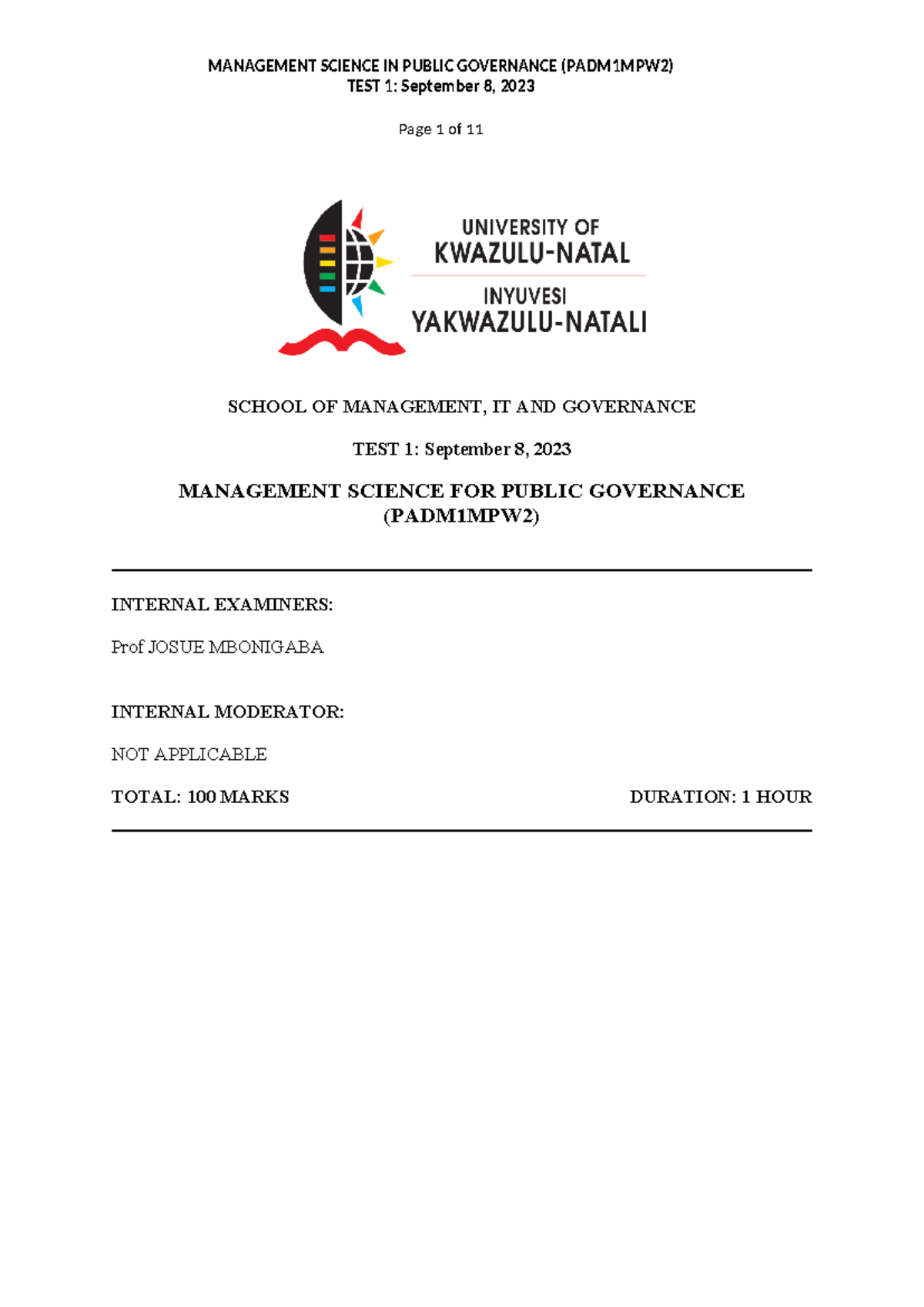 Management Science Test 1 (PADM1MPW2) - September 2023 - Studocu
