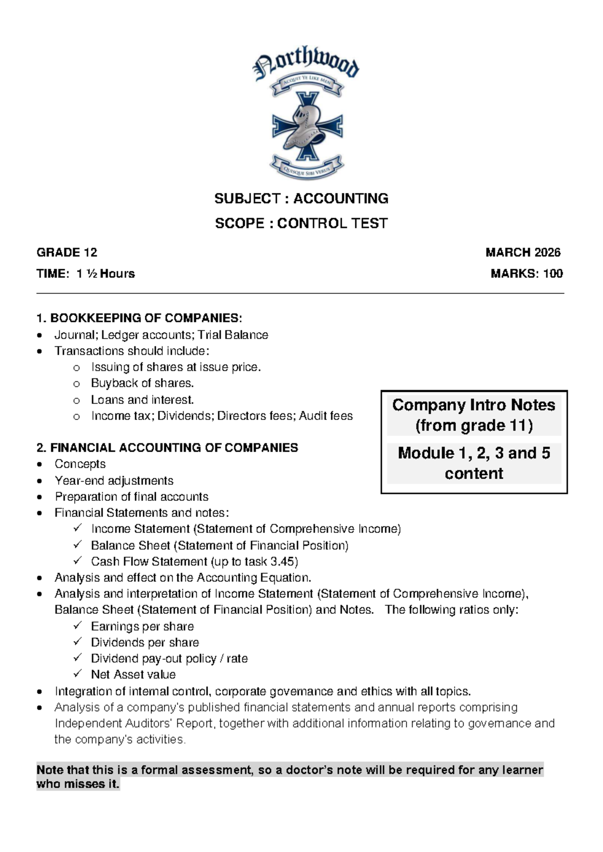 Grade 12 Accounting Control Test Scope - March 2026 - Studocu
