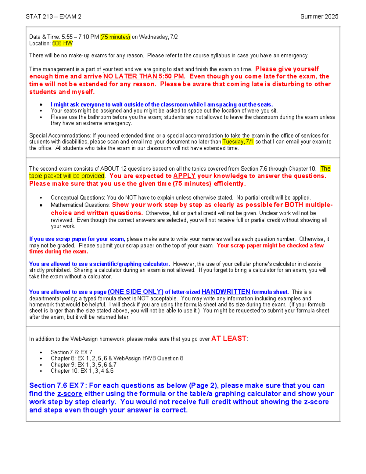 STAT 213 - Exam 2 Instructions & Study Guide - Summer 2025 - Studocu