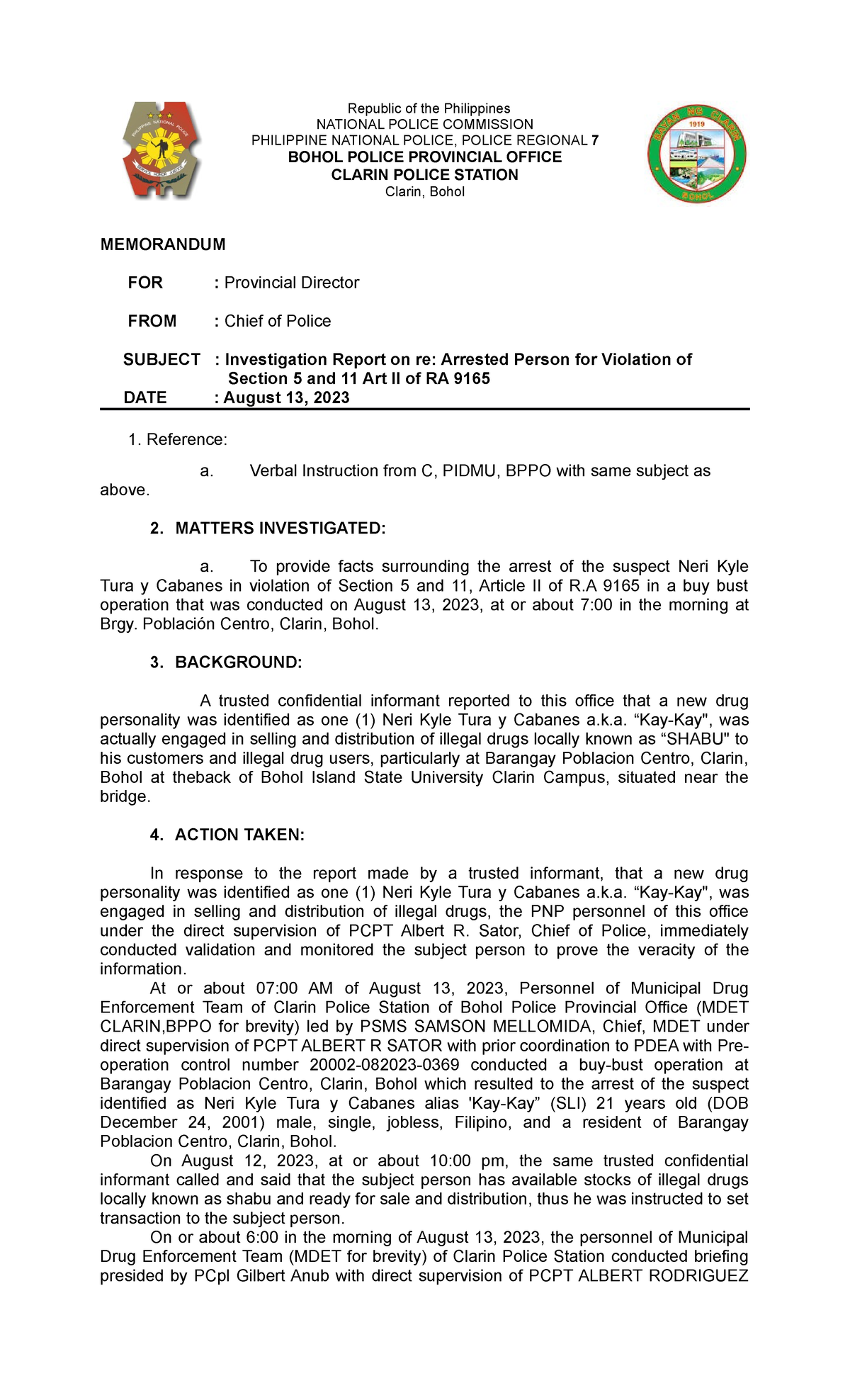 Investigation Report on Drug Violation: Neri Kyle Tura, RA 9165 - Studocu