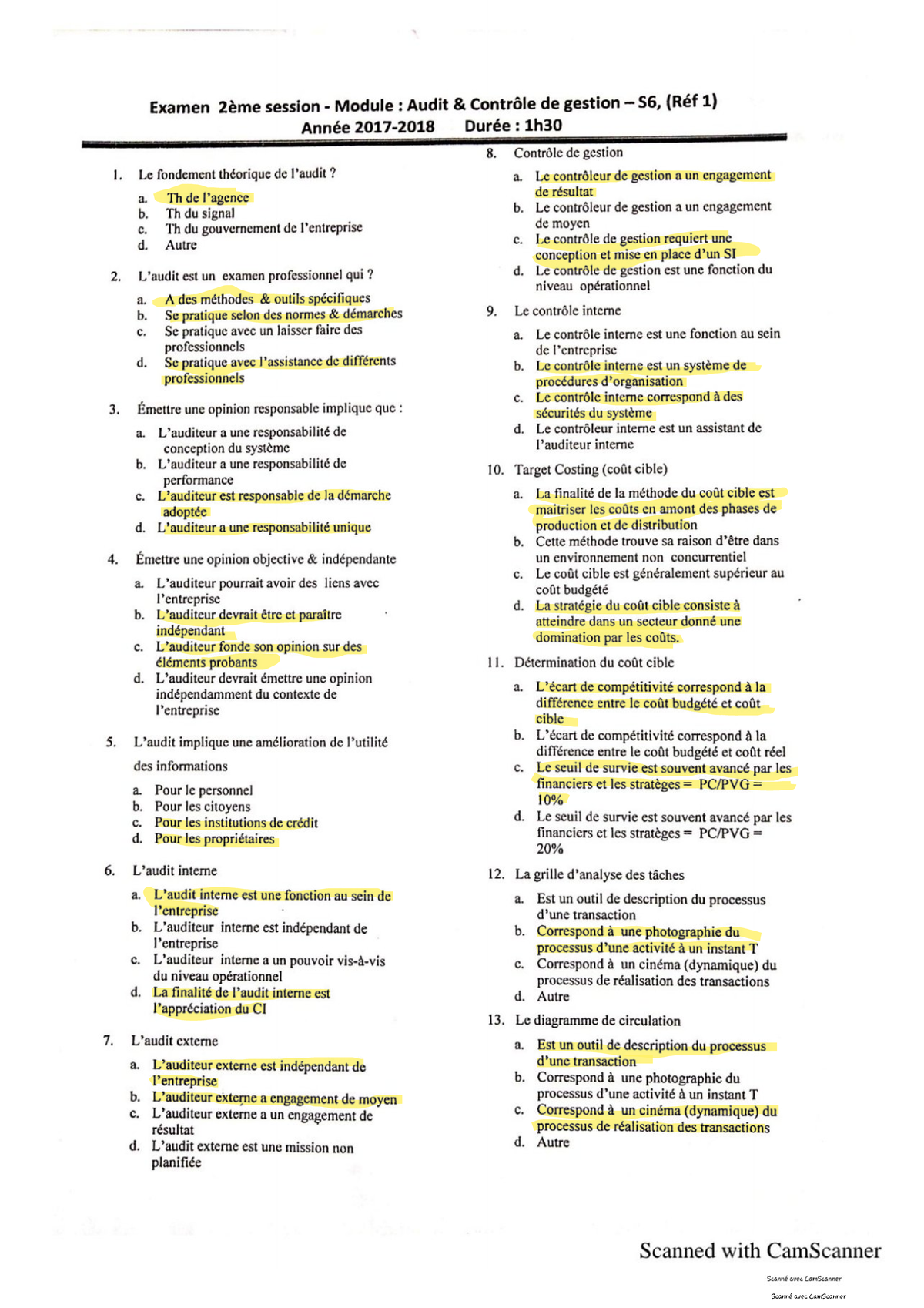 S6 Audit - Examen 2ème session Contrôle de gestion - Sujet et questions ...