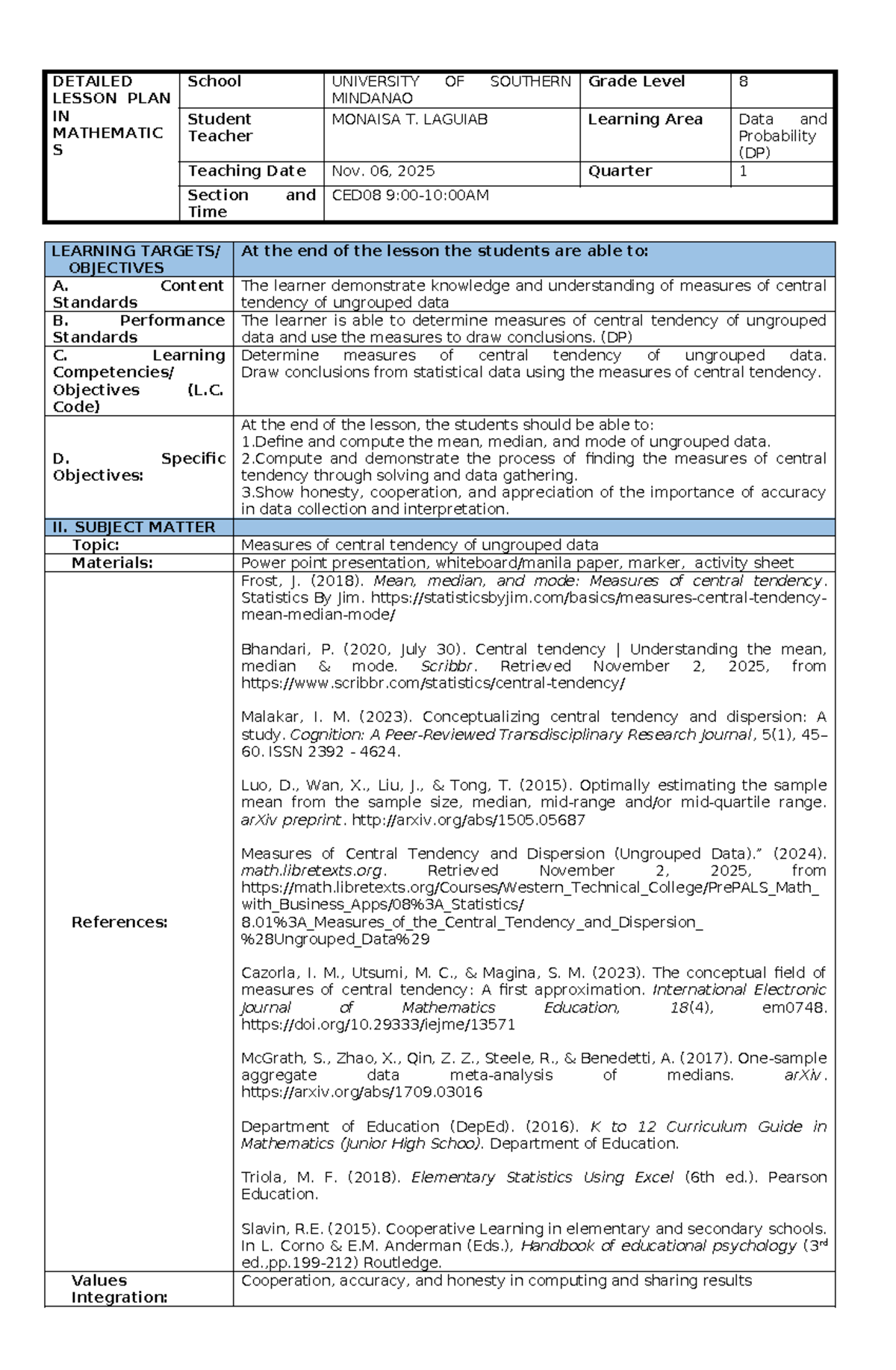 Detailed Lesson Plan on Measures of Central Tendency (CED08) - Studocu