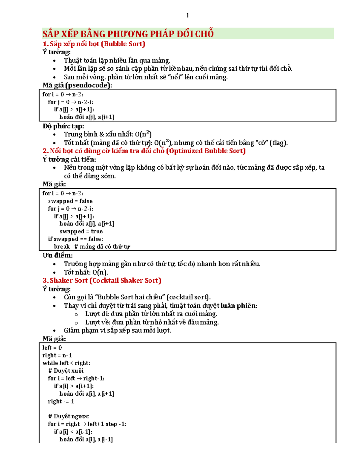 SẮP XẾP BẰNG PHƯƠNG PHÁP ĐỔI CHỖ: BUBBLE, OPTIMIZED & SHAKER SORT - Studocu